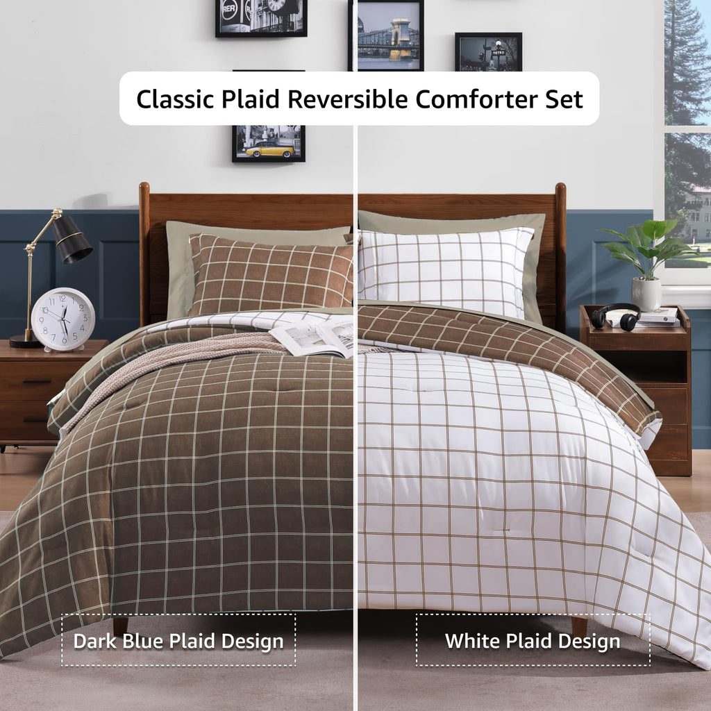 AMBERSPACE Plaid Twin XL Comforter Set Black, Reversible Checkered Bedding Set 5 Pieces for Boys Girls Teen, Lightweight Bed in a Bag for Dorm with Sheets, Pillowcase & Sham