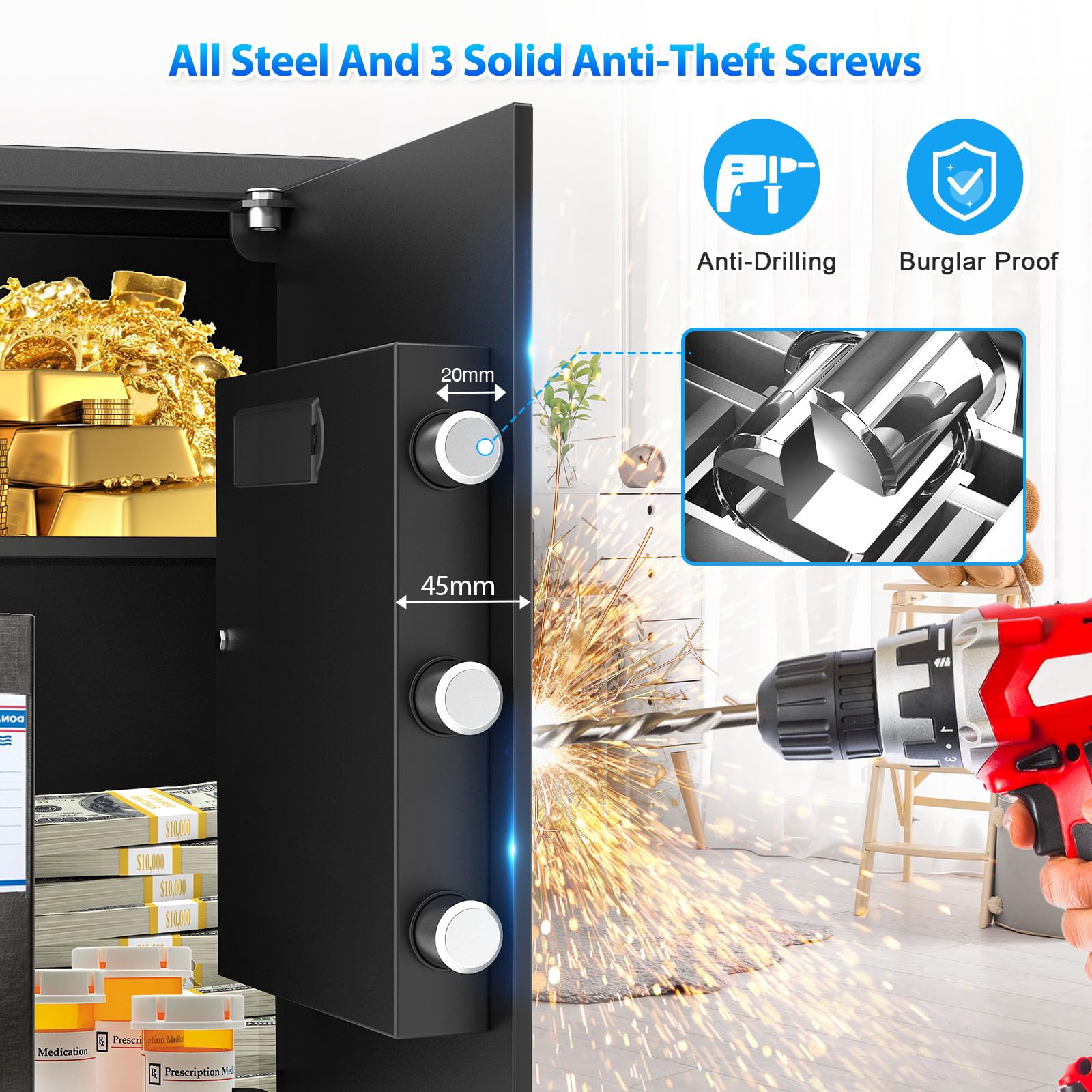 Home Safe Box, Safes with Fireproof Waterproof Bag, 9.84'' H Anti-Theft Digital Security Lock Box with Smart Alert System, Removable Shelf, Mute Function, Document Safes for Jewelry