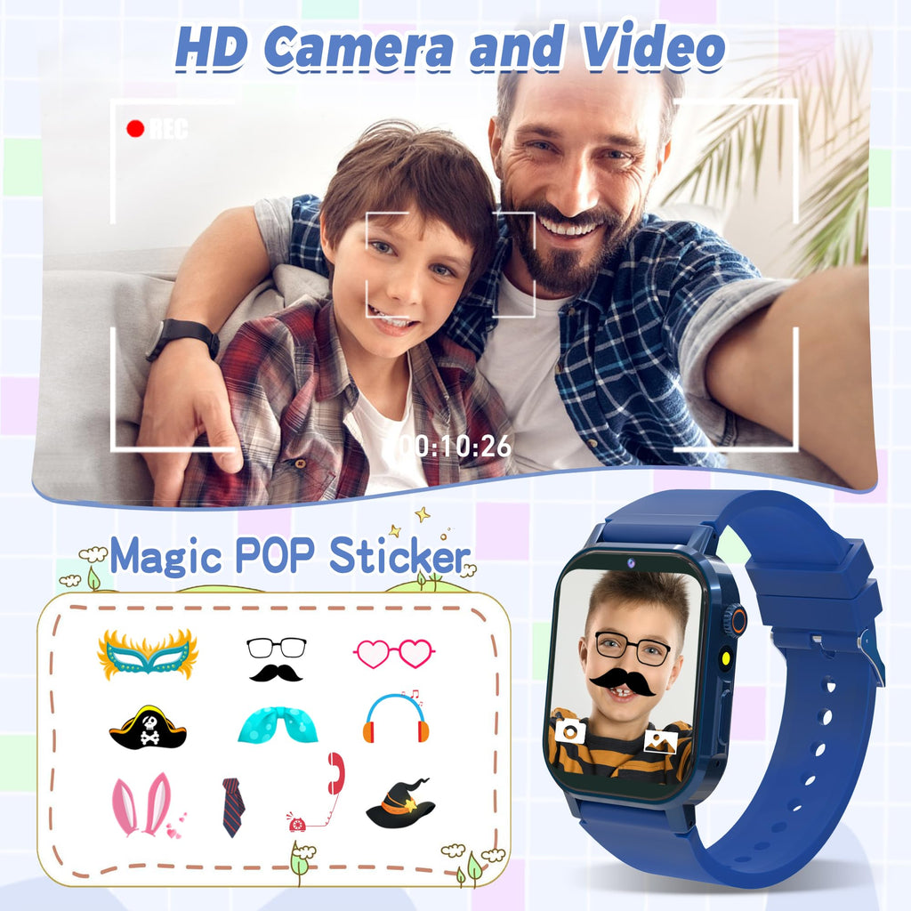 Kids Smart Watch Boys, Kids Game Smart Watch with 32 Games HD Touch Screen Video Camera Music Player Audiobooks Pedometer Flashlight Alarm Clock 12/24 hr, Toys Gift for 3-12 Years Old Boys Girls