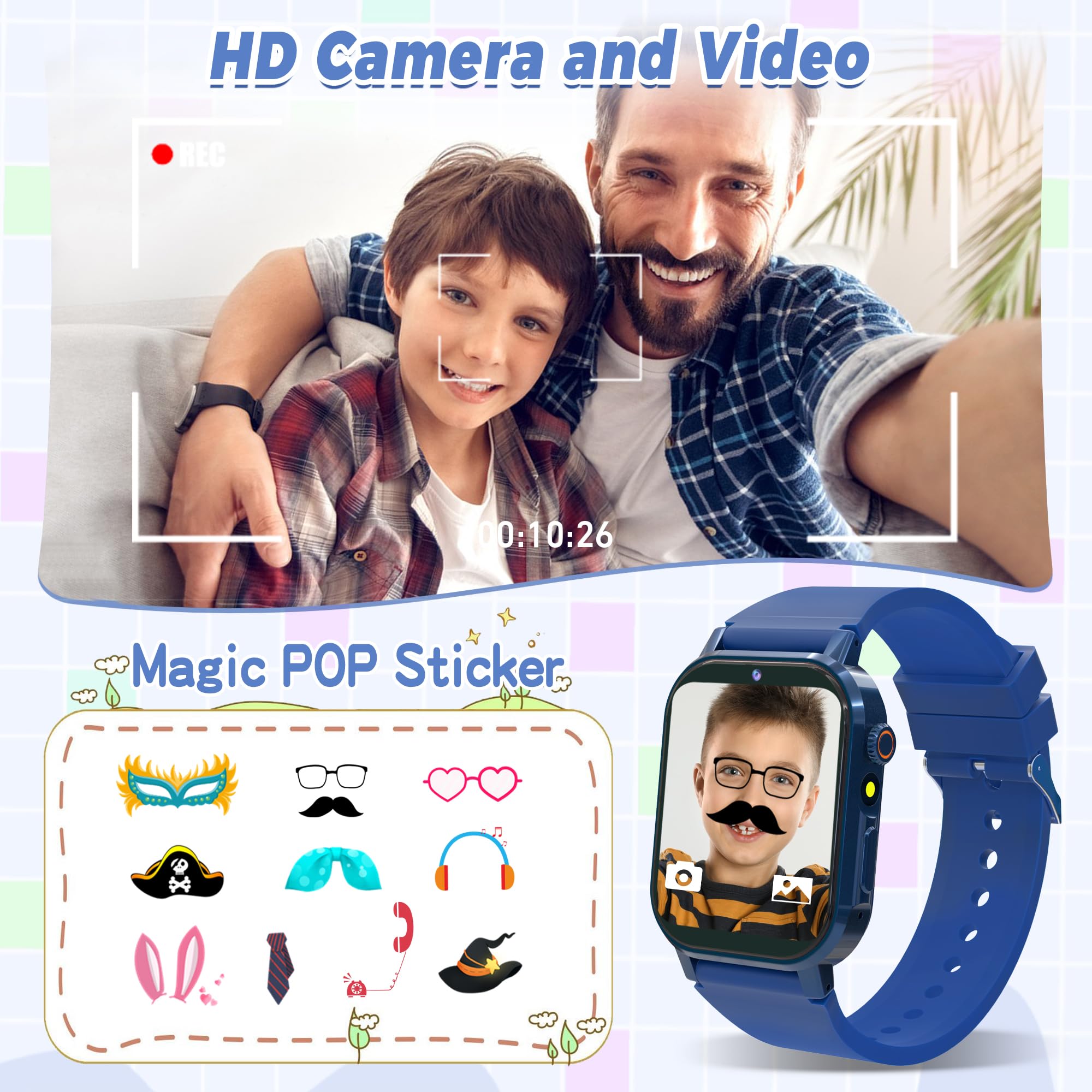 Kids Smart Watch Boys, Kids Game Smart Watch with 32 Games HD Touch Screen Video Camera Music Player Audiobooks Pedometer Flashlight Alarm Clock 12/24 hr, Toys Gift for 3-12 Years Old Boys Girls