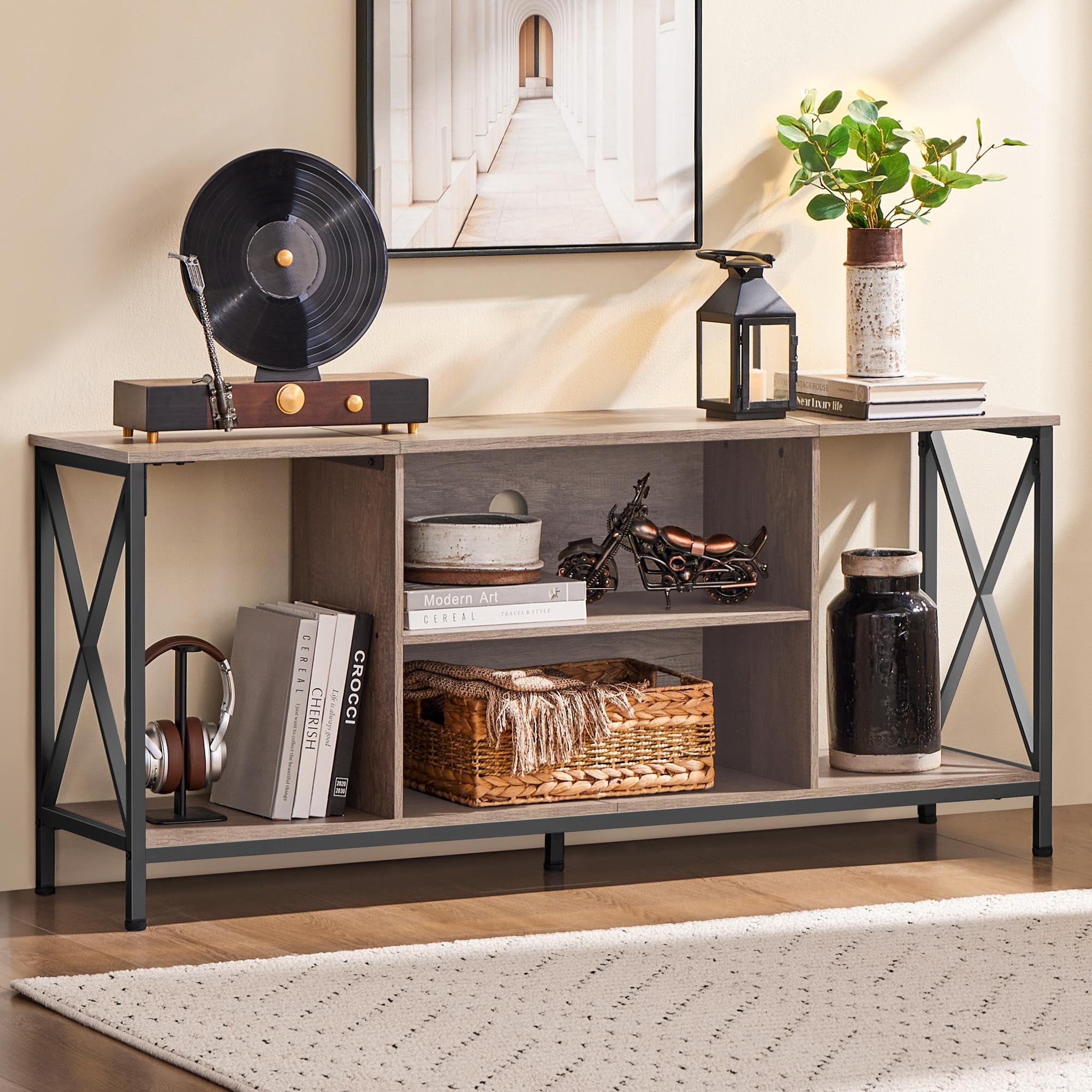 Yaheetech Industrial TV Stand for 55 Inch TV, Entertainment Center Media Console Table with Open Storage for Living Room, Wood Modern Furniture, Gray