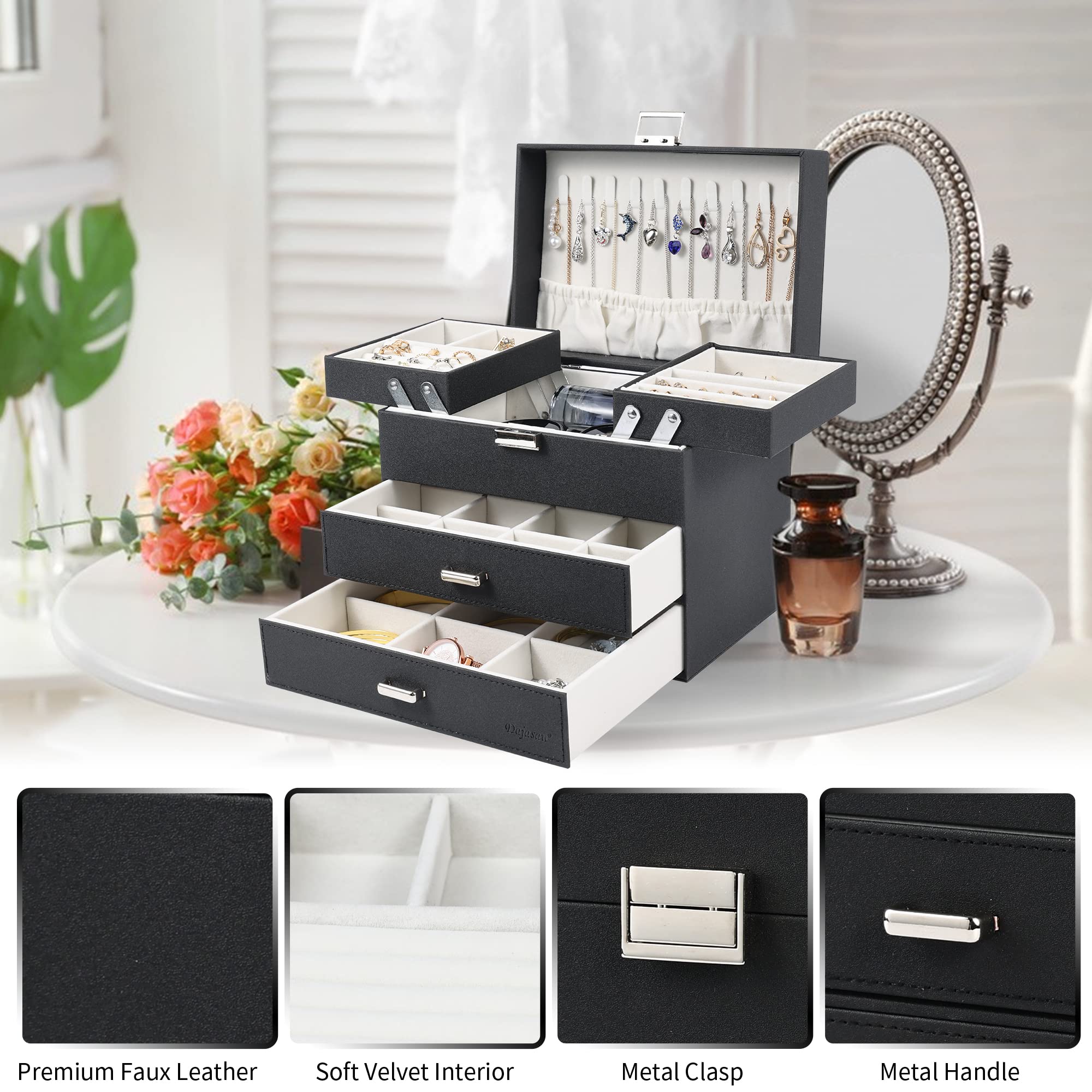 Dajasan Jewelry Organizer Box, Large Jewelry Boxes for Women Girls, Space-Saving 4 Layers Jewelry Storage Case with Drawer, Movable Metal Stand, Modern, Gift Idea (Green)