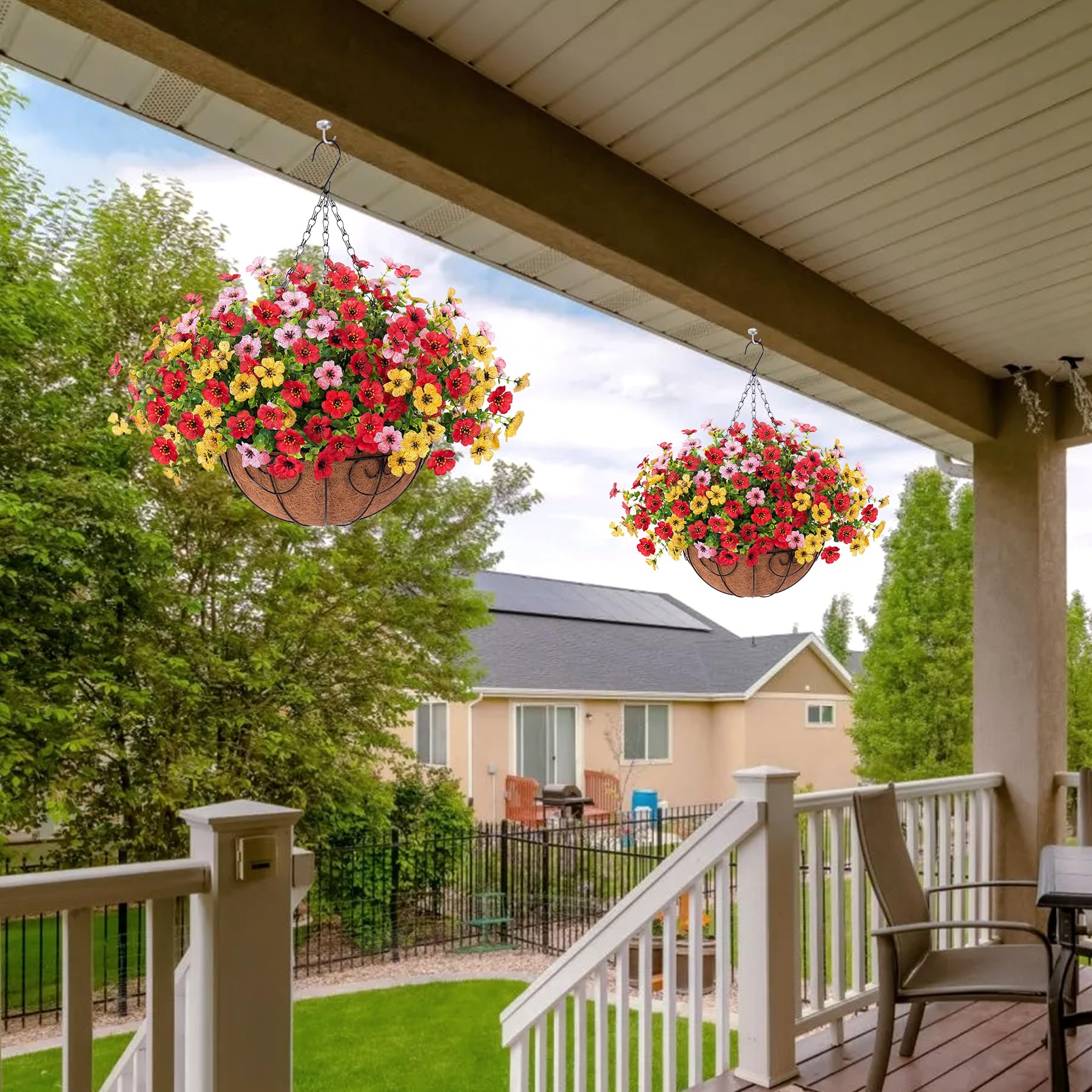 Ammyoo Artificial Faux Hanging Plants Flowers Basket for Spring Outdoor Decoration, Fake Silk Daisy UV Resistant Look Real with Eucalyptus Leaves Summer Outside Decor for Home Patio Garden