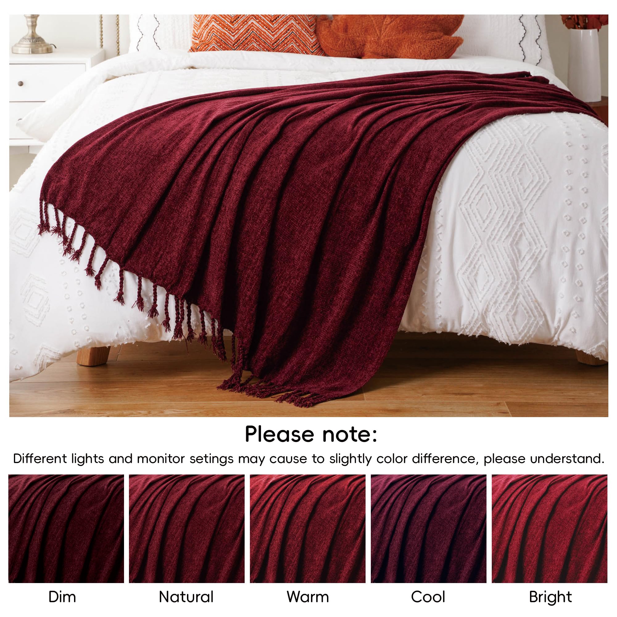 BATTILO HOME Beige Chenille Throw Blanket for Couch, Soft Cozy Textured Knit Throw Blanket with Handmade Fringe Tassels, Lightweight Decorative Farmhouse Blanket for Sofa Bed Chair, 50"x60"