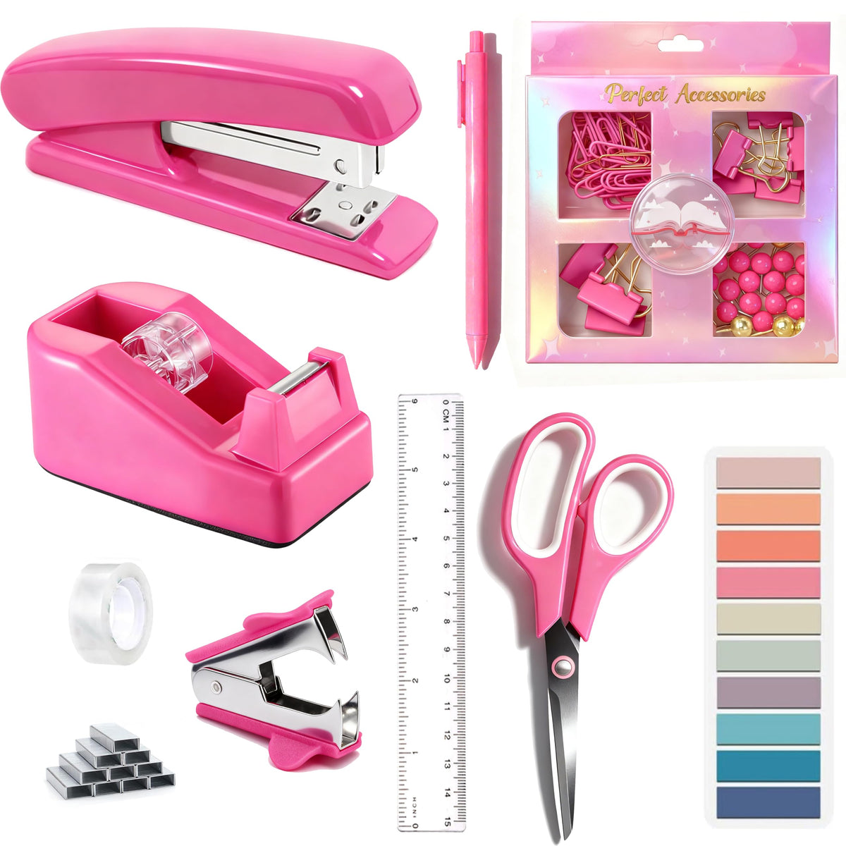 Dimonluce Office Desk Accessories, Black Office Supplies Accessories with Tape Dispenser, Stapler, Staple Remover, 1000 Staples, Tape, Clips Set, Ruler, Scissor, Pen