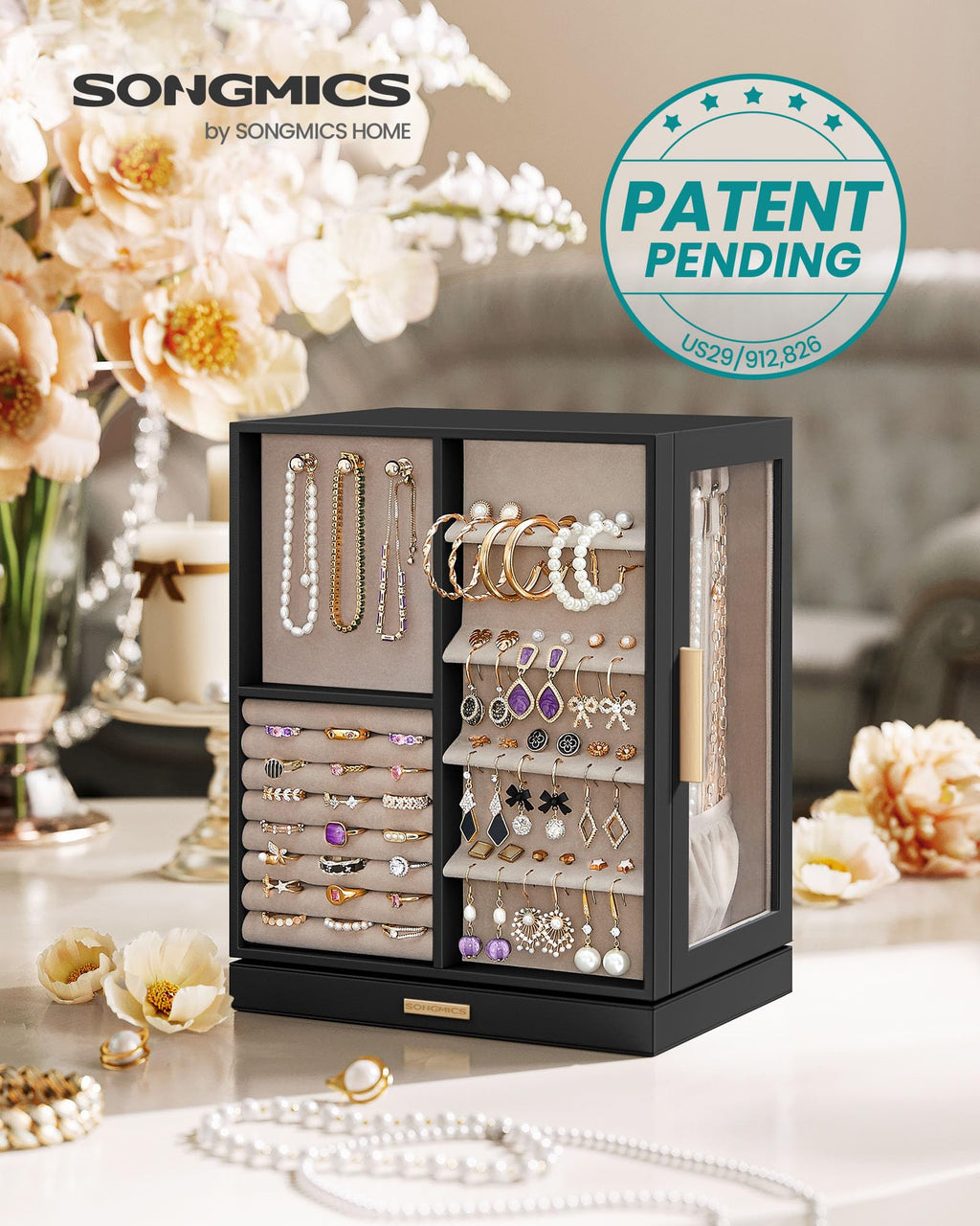 SONGMICS GISELLA Collection - Jewelry Box Organizer 360° Rotating, Vertical Jewelry Storage Case with 5 Drawers, Glass Window, Spacious, Open Design, Great Gift, Cloud White UJBC170W01