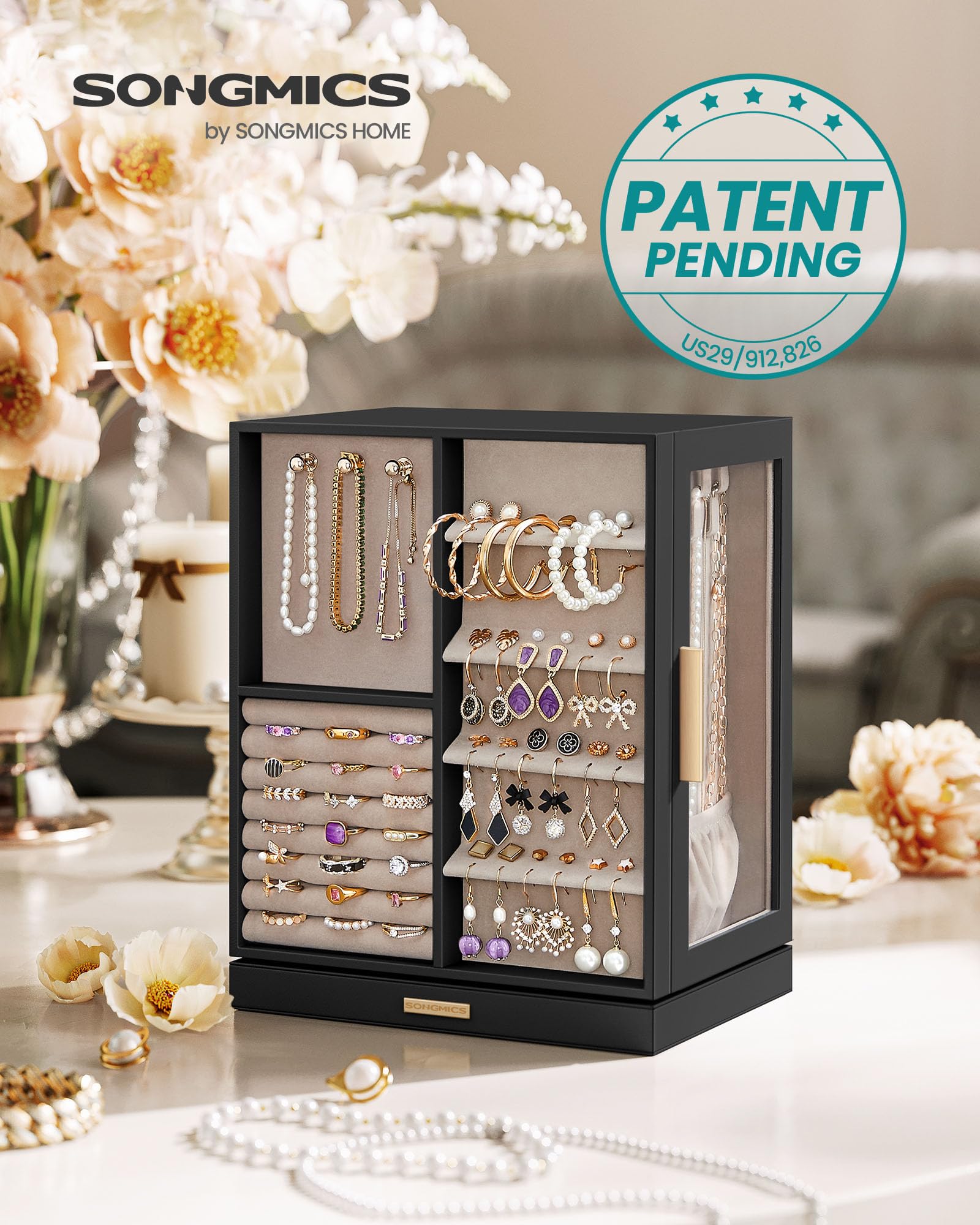 SONGMICS GISELLA Collection - Jewelry Box Organizer 360° Rotating, Vertical Jewelry Storage Case with 5 Drawers, Glass Window, Spacious, Open Design, Great Gift, Cloud White UJBC170W01