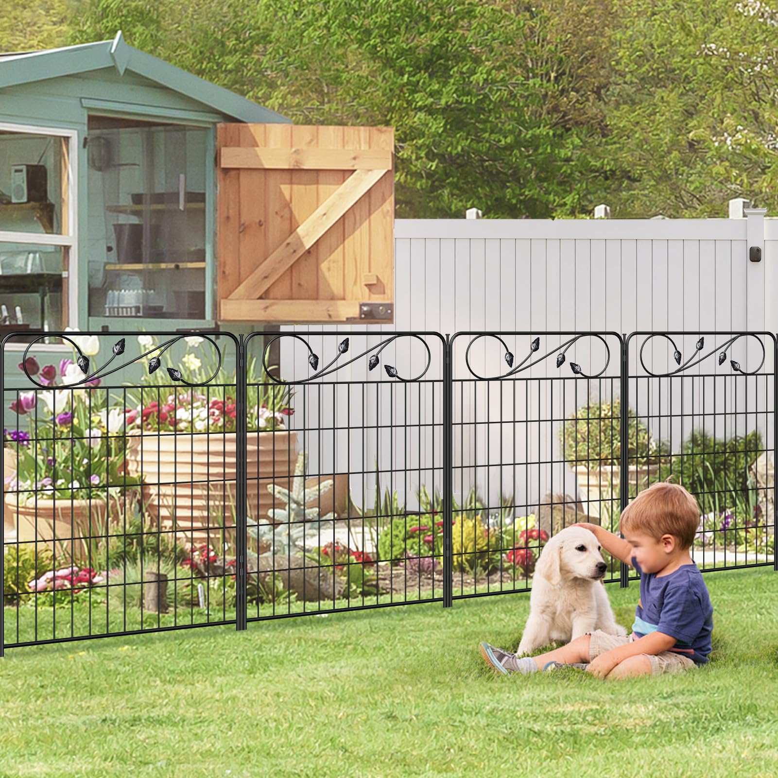 FOREHOGAR Decorative Metal Garden Fence 24in(H) X10ft(L) 5 Panels Leaf Black Rustproof Wire Border Fence for Landscape Patio Flower Bed Garden Fencing Panel Animal Barrier for Dogs