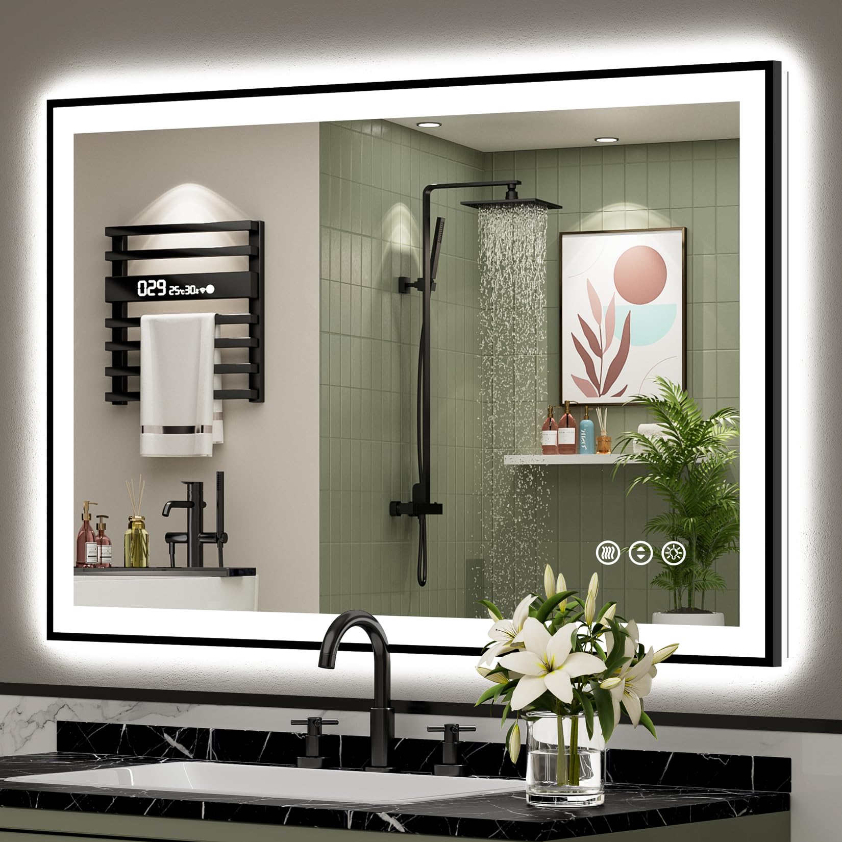 24x32 Black Framed LED Bathroom Mirror with Lights, Backlit and Front Lit Anti-Fog Lighted Vanity Mirrors for Bathroom Wall, Dimmable, 3 Colors, Memory, HD Tempered Glass, Horizontal/Vertical