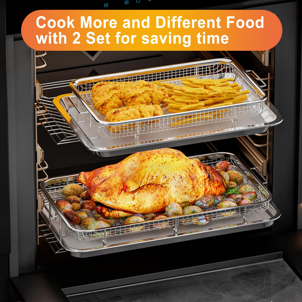 Air Fryer Basket for Oven, Large14.88"×10.98"Air Fryer Pans for Convection Oven with 30 Sheet Parchment Papers, THORSES Non-Stick Stainless Steel Air Fryer Basket and Tray for Multi Cooking - Black
