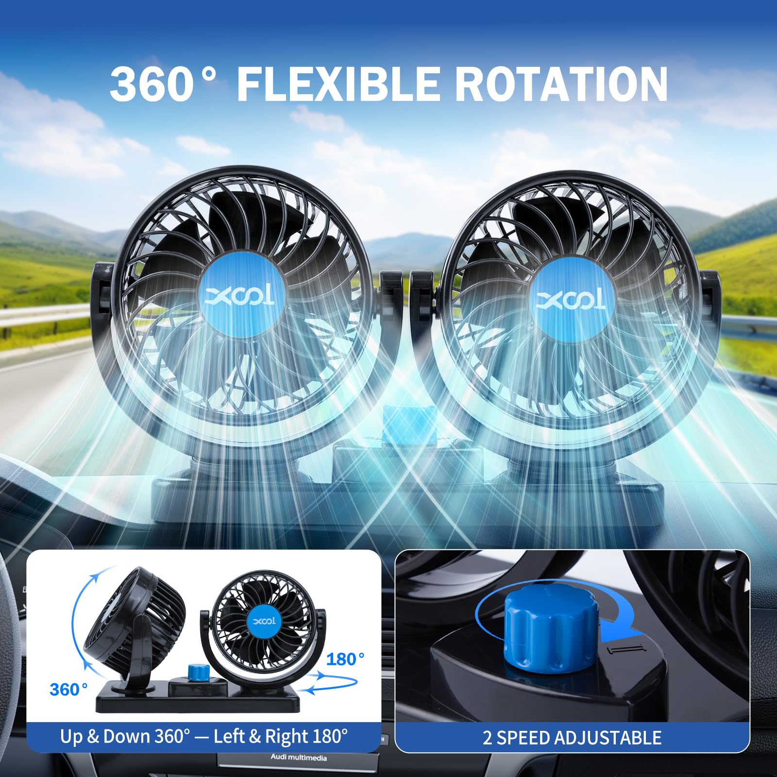 XOOL Clip Car Fan, 9 Inches 12V/24V Fan, 360° Rotatable Electric Cooling Clip on Fan with Stepless Speed Regulation for SUV, RV, Truck