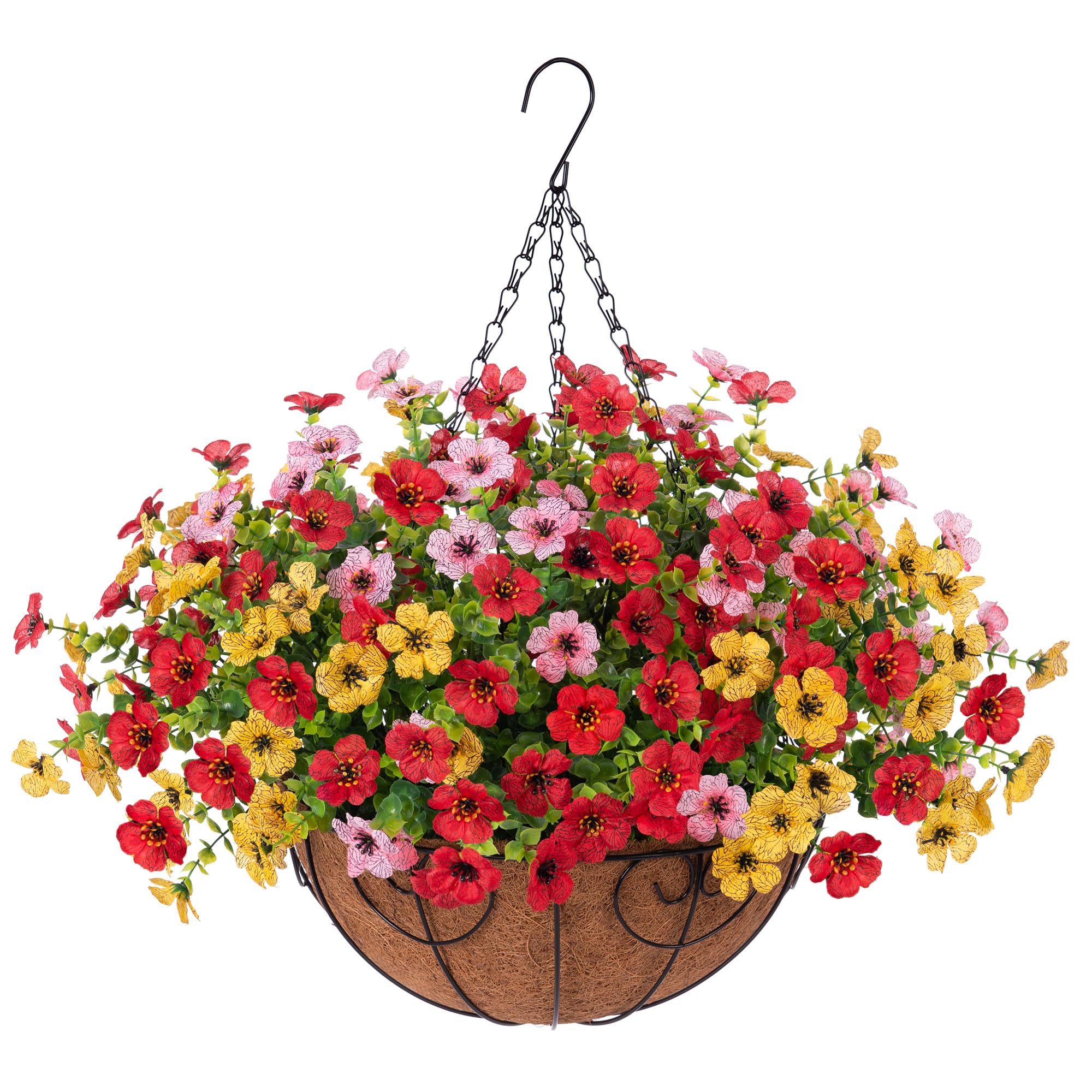 Ammyoo Artificial Faux Hanging Plants Flowers Basket for Spring Outdoor Decoration, Fake Silk Daisy UV Resistant Look Real with Eucalyptus Leaves Summer Outside Decor for Home Patio Garden