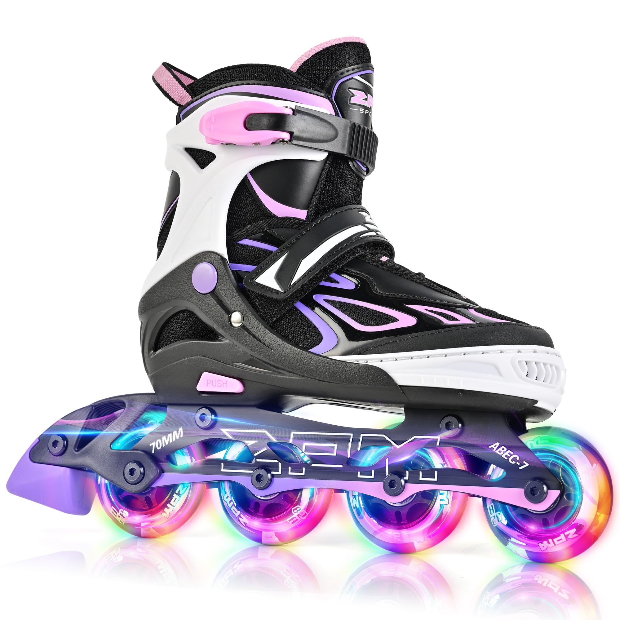2PM SPORTS Vinal Girls Adjustable Flashing Inline Skates, All Wheels Light Up, Fun Illuminating Skates for Kids Men Adult Women and Boys