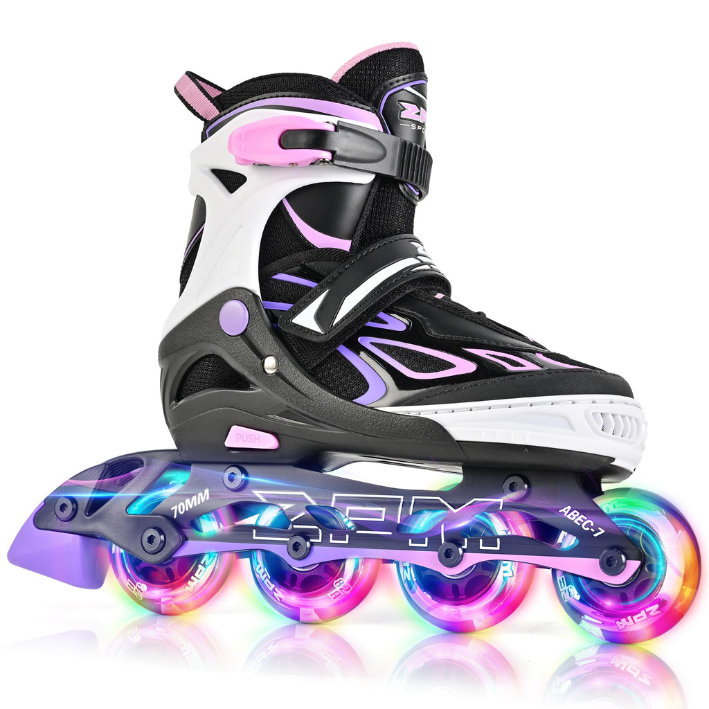 2PM SPORTS Vinal Girls Adjustable Flashing Inline Skates, All Wheels Light Up, Fun Illuminating Skates for Kids Men Adult Women and Boys
