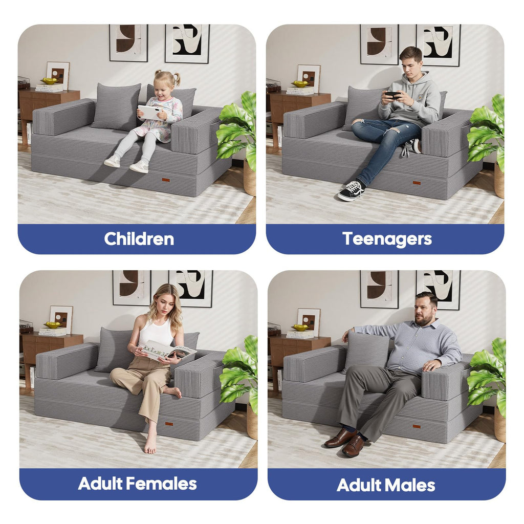 COMAX Futon Sofa Bed, 4‑in‑1 Convertible Sofa Bed, Folding Boneless Couches | Boneless Couch for living room, Fold Out Small Foldable Loveseat Floor Sleeper Mattress Lounge Space‑Saving, Ash Gray