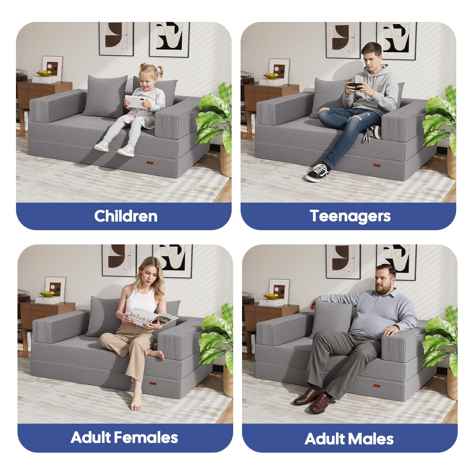 COMAX Futon Sofa Bed, 4‑in‑1 Convertible Sofa Bed, Folding Boneless Couches | Boneless Couch for living room, Fold Out Small Foldable Loveseat Floor Sleeper Mattress Lounge Space‑Saving, Ash Gray