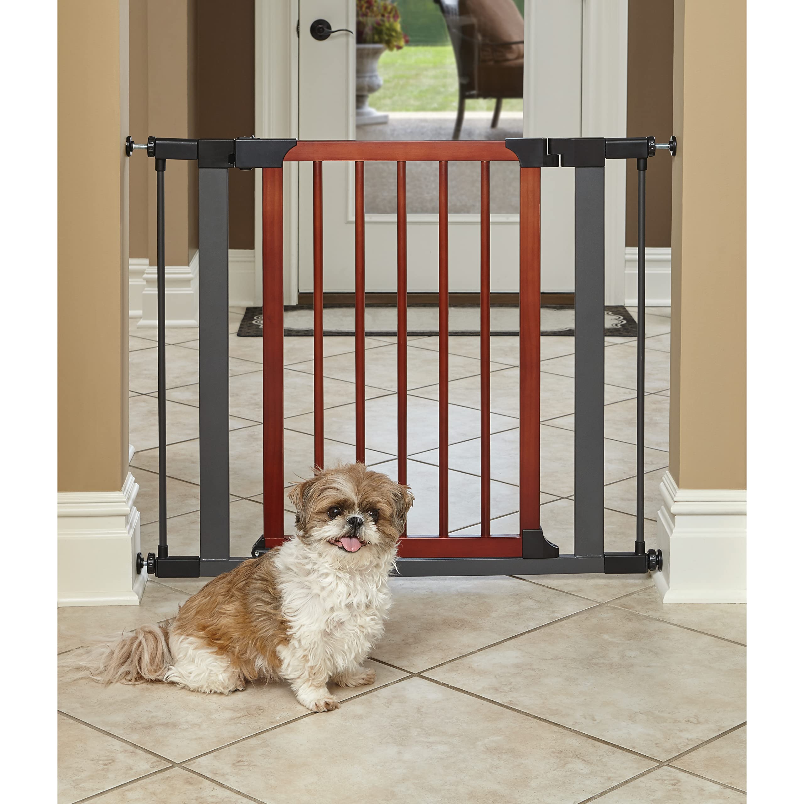 Midwest 29" Walk-Thru Dog Gate, Wooden Door | Steel Frame, Pressure Mounted, Expands 29.5"-38" Wide, Auto-Close Door, Latch Closure, Includes Two 3" Extensions