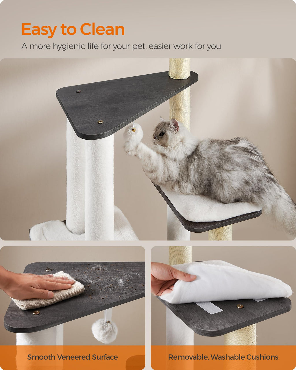 Feandrea Cat Tree, 65-Inch Modern Cat Tower for Indoor Cats, Multi-Level Cat Condo with 5 Scratching Posts, Perch, Washable Removable Cushions, Cat Furniture, Cloud White UPCT166W01