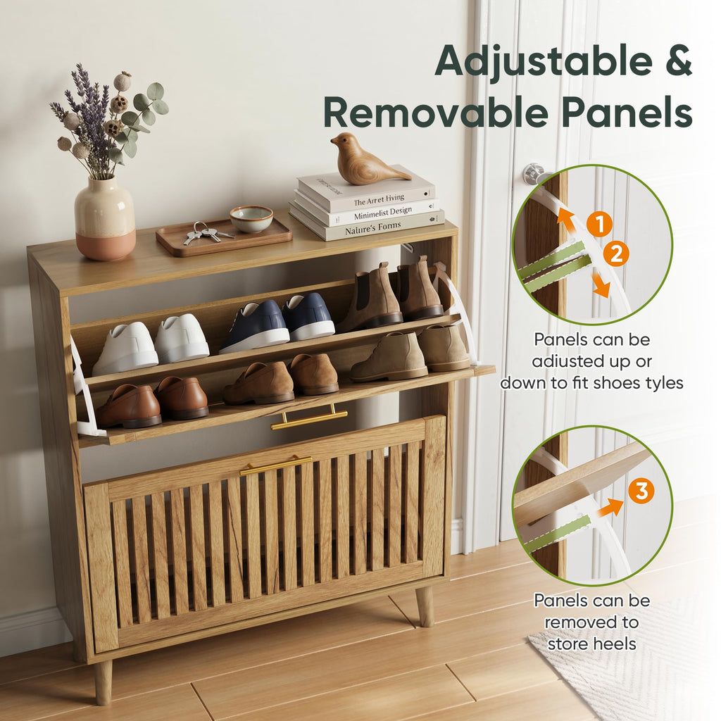Smart FENDEE Shoe Cabinet with 2 Flip Slatted Drawers, Farmhouse Slim Shoe Organizer Rack with Golden Handles, Freestanding Hidden Entryway Storage for Hallway, Natural