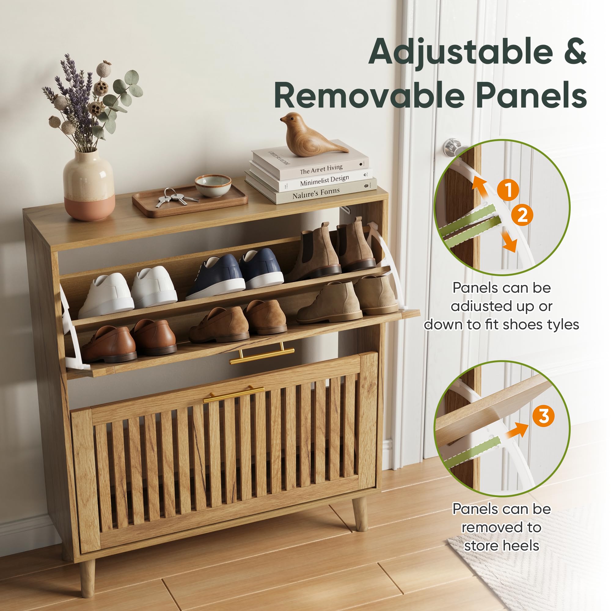 Smart FENDEE Shoe Cabinet with 2 Flip Slatted Drawers, Farmhouse Slim Shoe Organizer Rack with Golden Handles, Freestanding Hidden Entryway Storage for Hallway, Natural