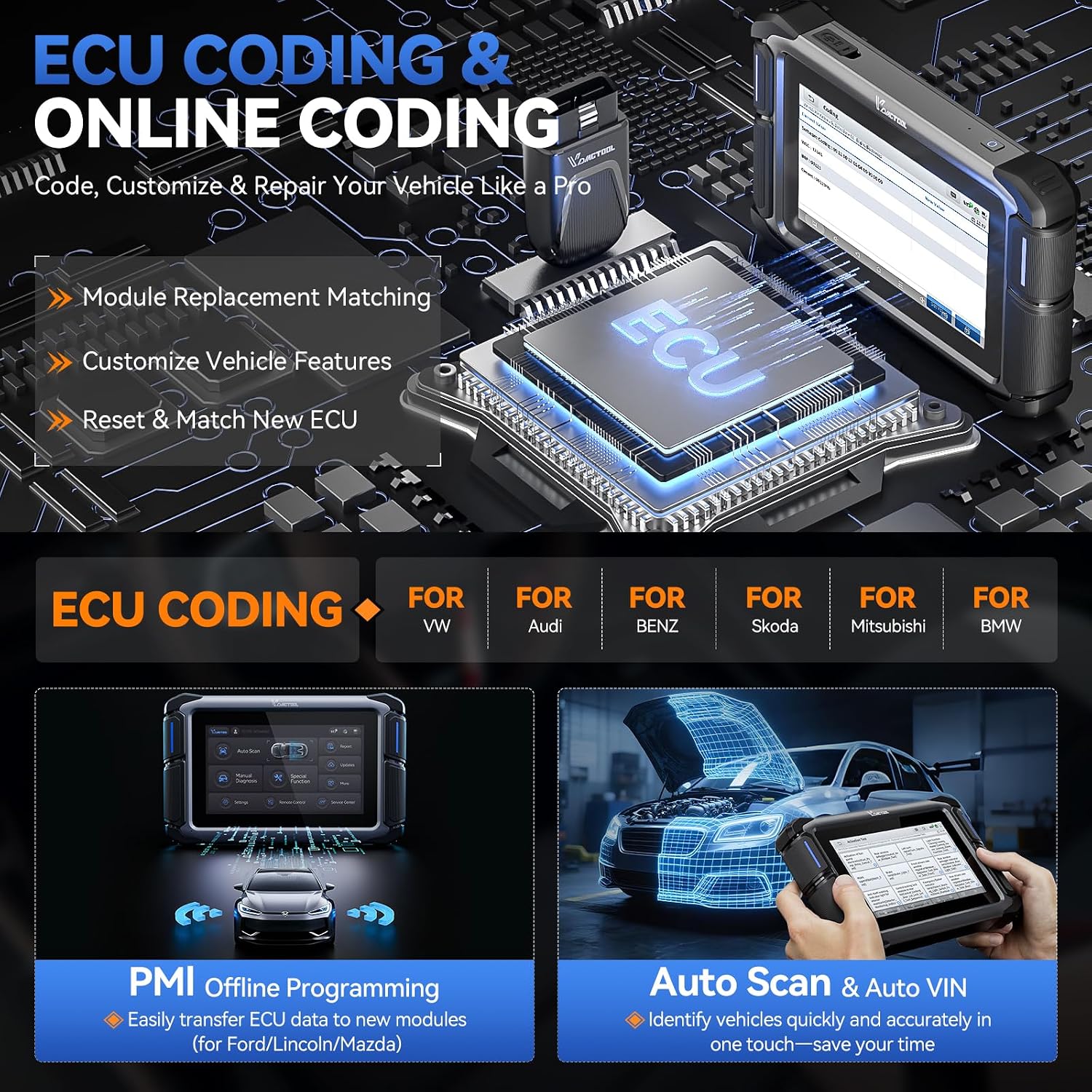 Bidirectional Scan Tool VDIAGTOOL VD70S, 2026 Wireless OBD2 Scanner Diagnostic Tool with 36+ Resets, All System Scanner for Car, FCA Autoauth, CAN FD & DoIP, ECU Coding, PMI, 3 Years Update