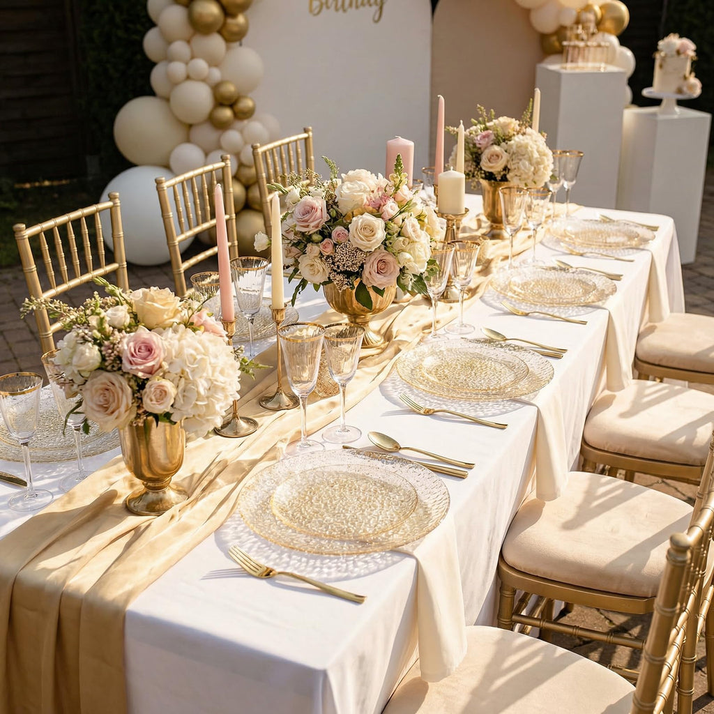 Rubtlamp 100Pcs Amber Gold Plastic Plates, Disposable Plates With Gold Rim, Heavy-duty Party Platos, Hammered Plastic Plates Include 50 Clear Dessert Plates, 50 Dinner Plates for Party