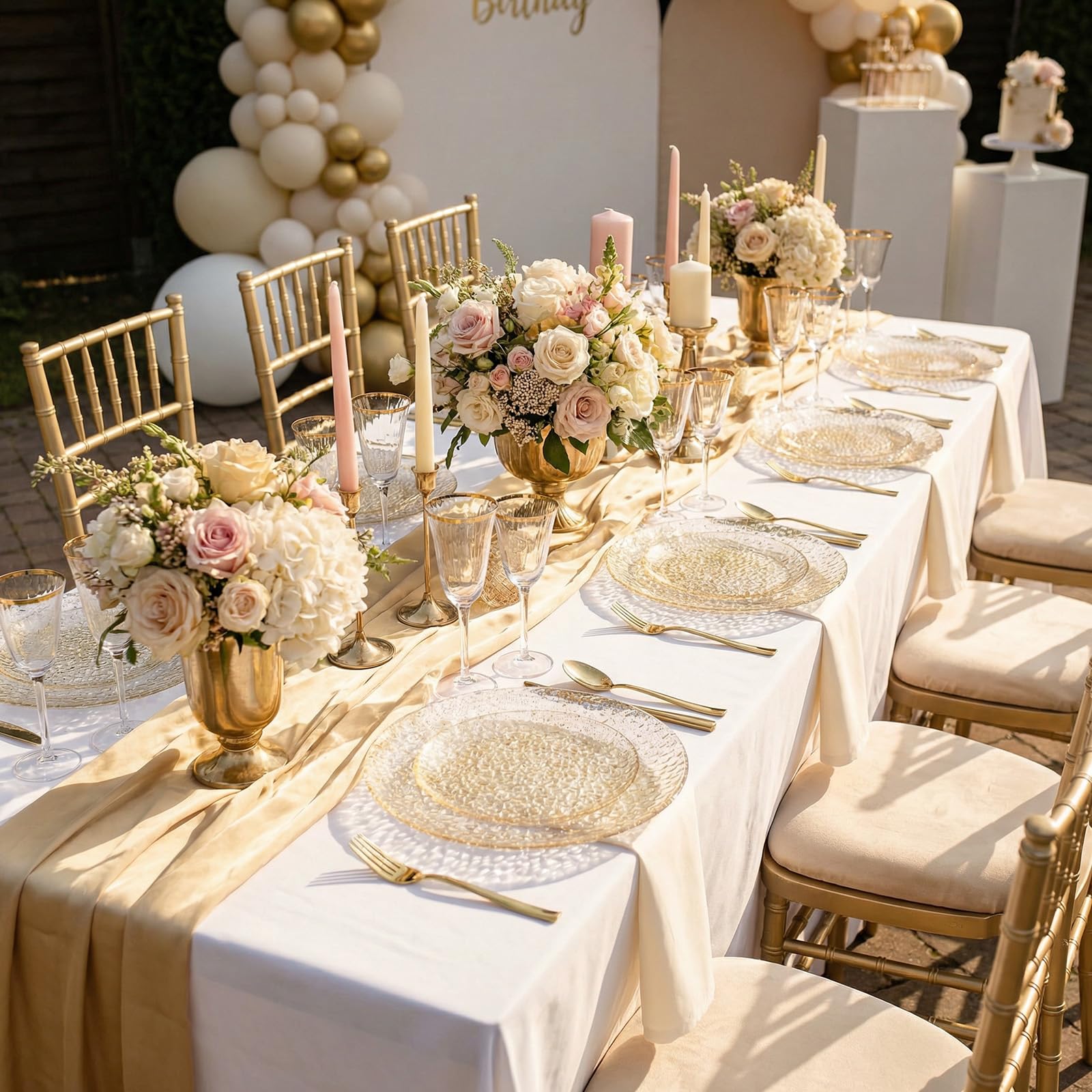 Rubtlamp 100Pcs Amber Gold Plastic Plates, Disposable Plates With Gold Rim, Heavy-duty Party Platos, Hammered Plastic Plates Include 50 Clear Dessert Plates, 50 Dinner Plates for Party
