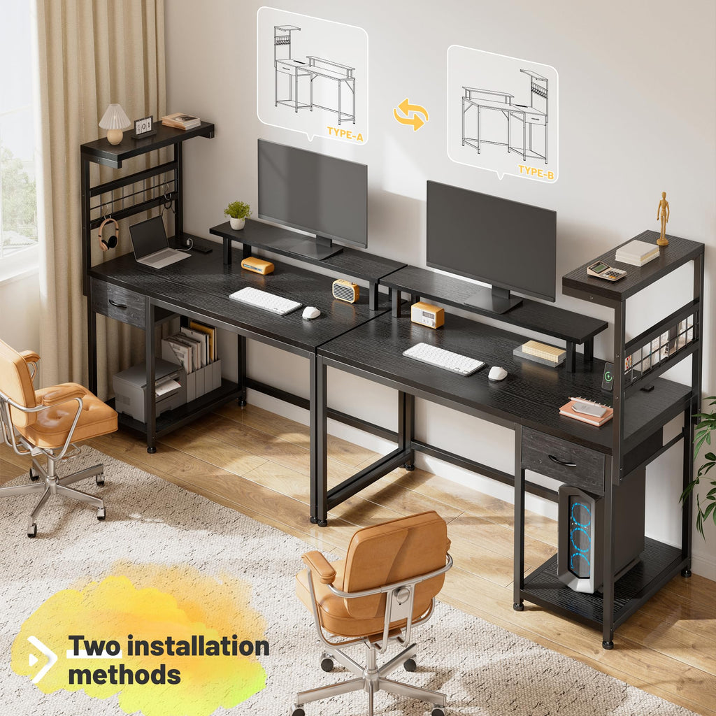 EnHomee 40" Gaming Desk with Power Outlets & LED Lights, Computer Desk with Drawer & Storage Shelve, Home Office Desk with Monitor Stand for Living Room, Study Room, Gaming Room, Black