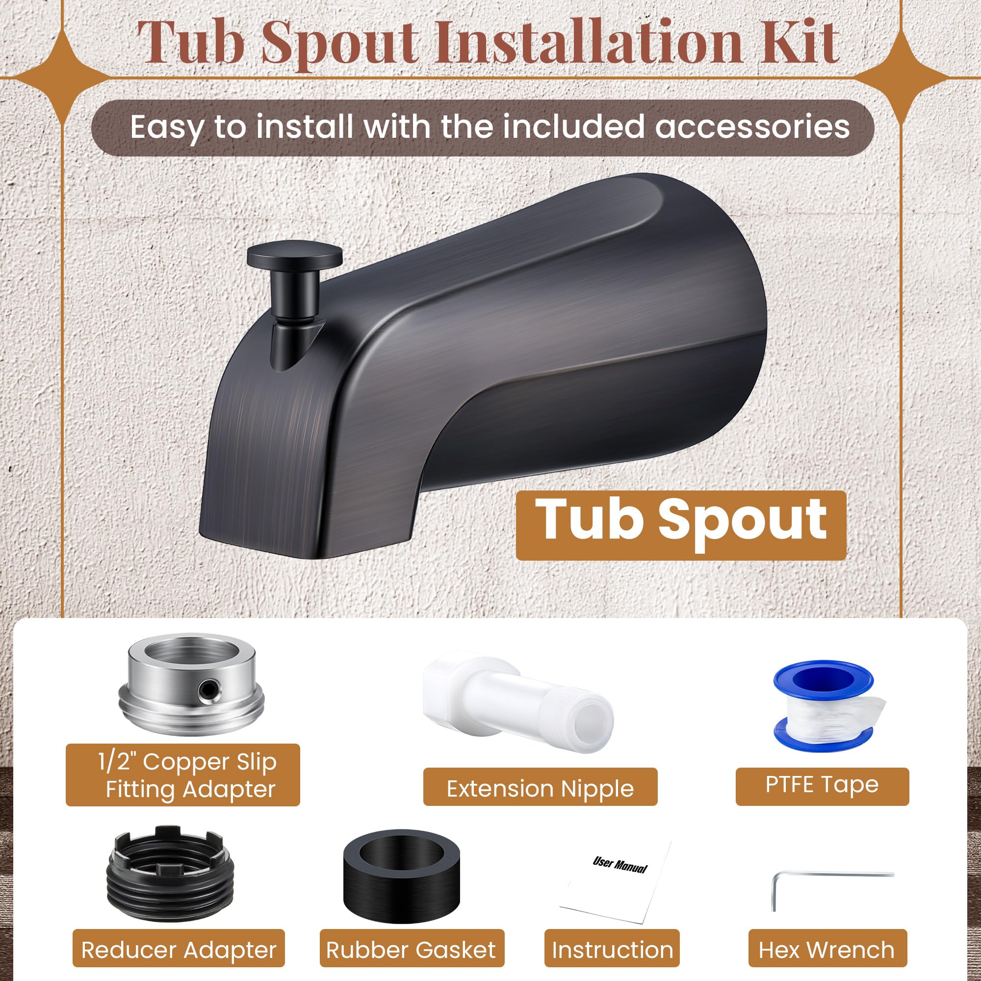 Dreyoo Tub Spout (Universal Fits 1/2" Copper Pipe, 1/2" IPS and 3/4" IPS), Bathroom Bathtub Faucet with Adapters and Hex Wrench(Brushed Nickel,Simple)