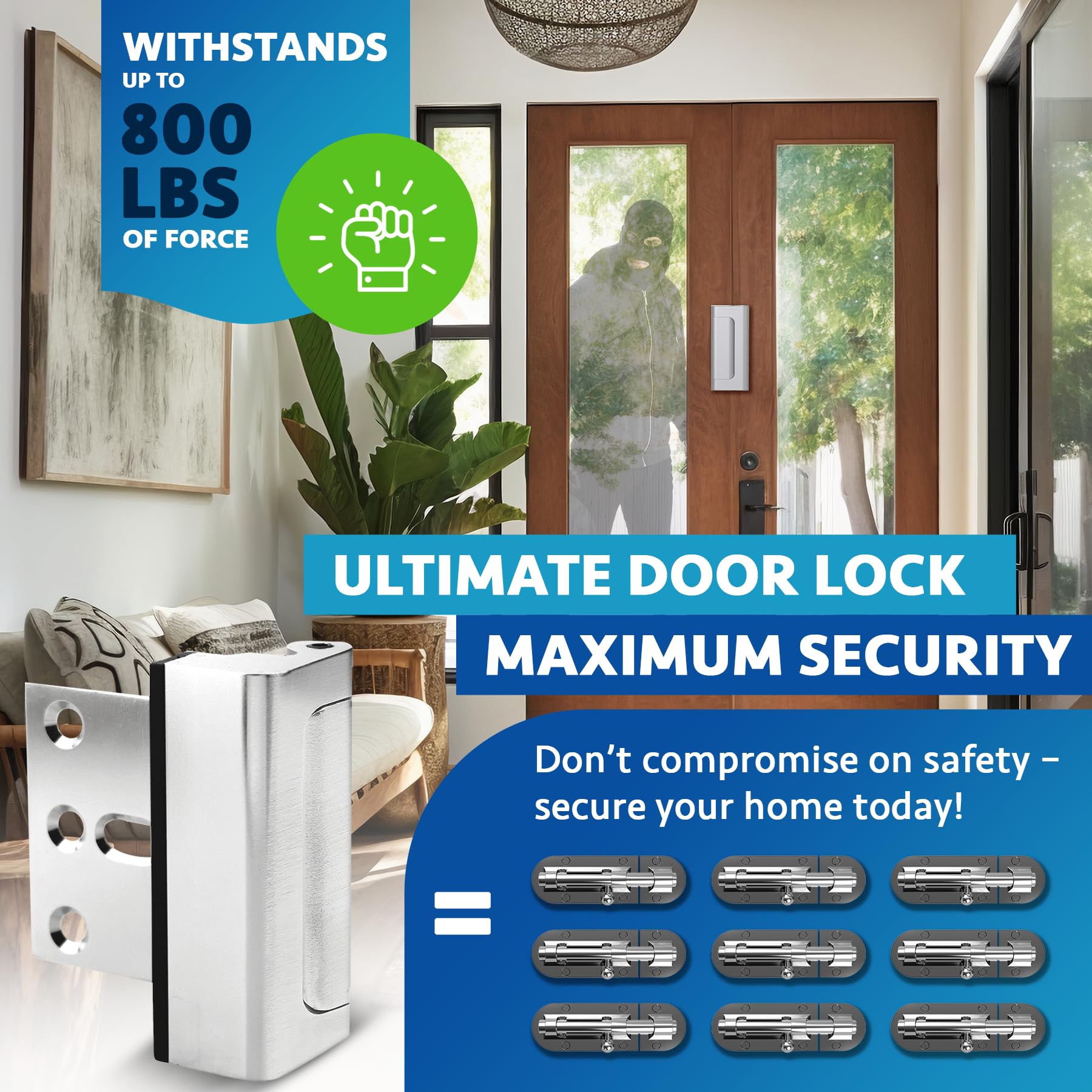 Dwell+Good Door Locks (2-Pack) - Easy To Install Aluminum Home Security Door Locks for Front Door - Child Proof Door Lock for Kids Safety - Withstand 800 lb of Force & Tamper Proof Top Door Lock Latch