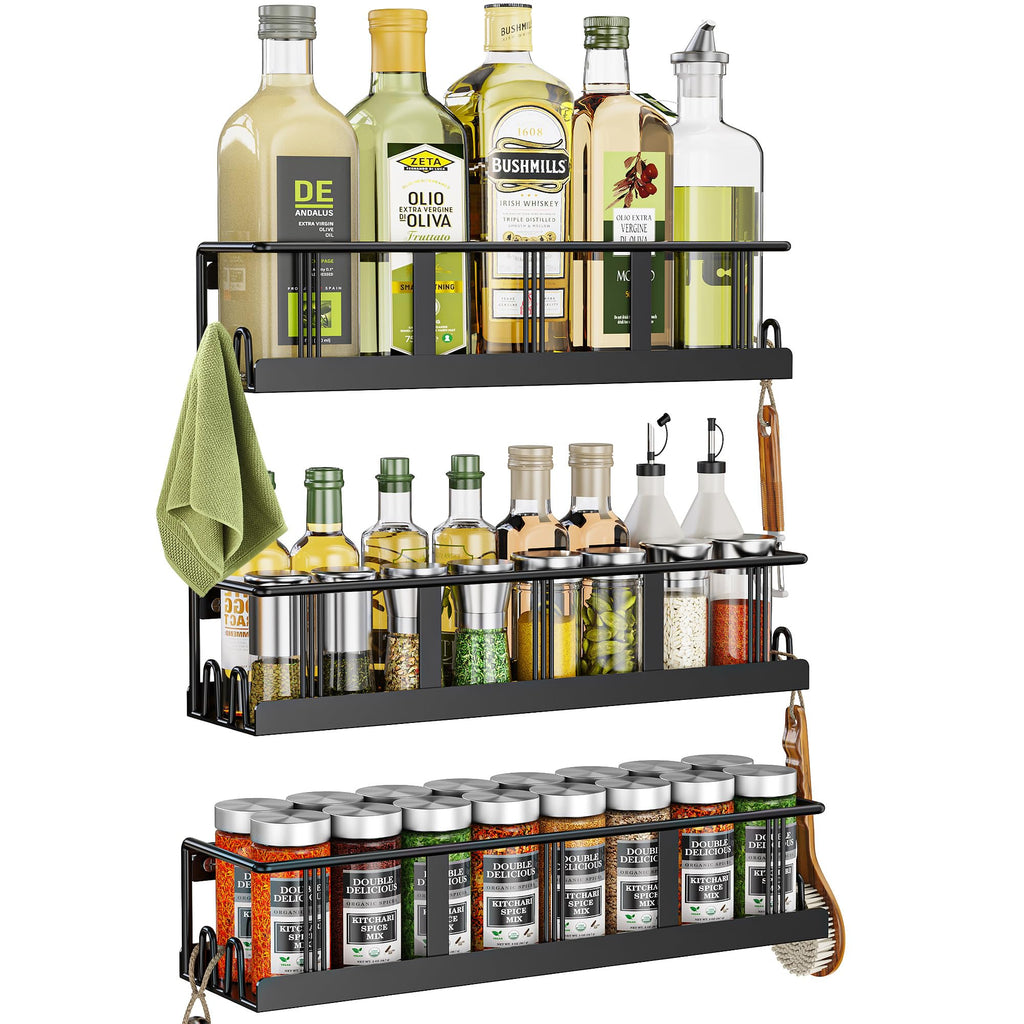 Bunoxea Spice Rack Wall Mounted 2 Pack,RV Spice Rack,Black | 8 Built-in Hooks,2 Versatile Sizes, Space-Saving,Flat Base, Screw or Adhesive, For Kitchen Cabinet, Pantry Door,Stove,RV