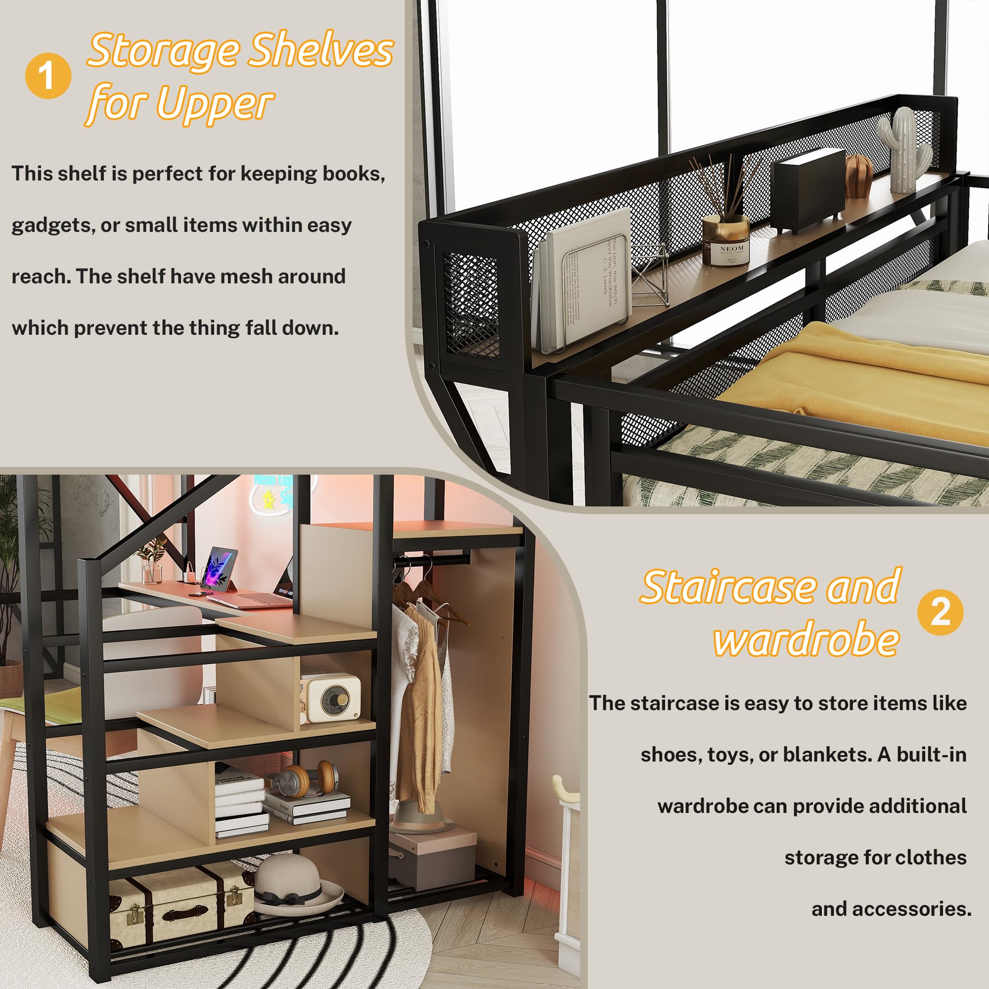 Mirightone Full Size Loft Bed with Stairs, Metal Loft Beds, High Loft Bed Frame with Storage Shelves, Lofted Full Bed with Wardrobe for Kids and Teens, No Box Spring Needed (Black)