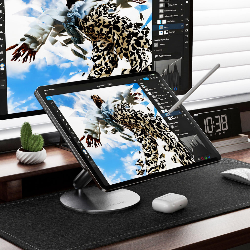 LULULOOK [Upgrade Magnetic Wireless Charging Stand for iPad Air 11" M4 (2026)/M3/M2, Foldable Aluminum Alloy iPad Pro Desk Stand with 360° Rotating Base for Pro 11" 1st/2nd/3rd/4th, Air 10.9 4th/5th