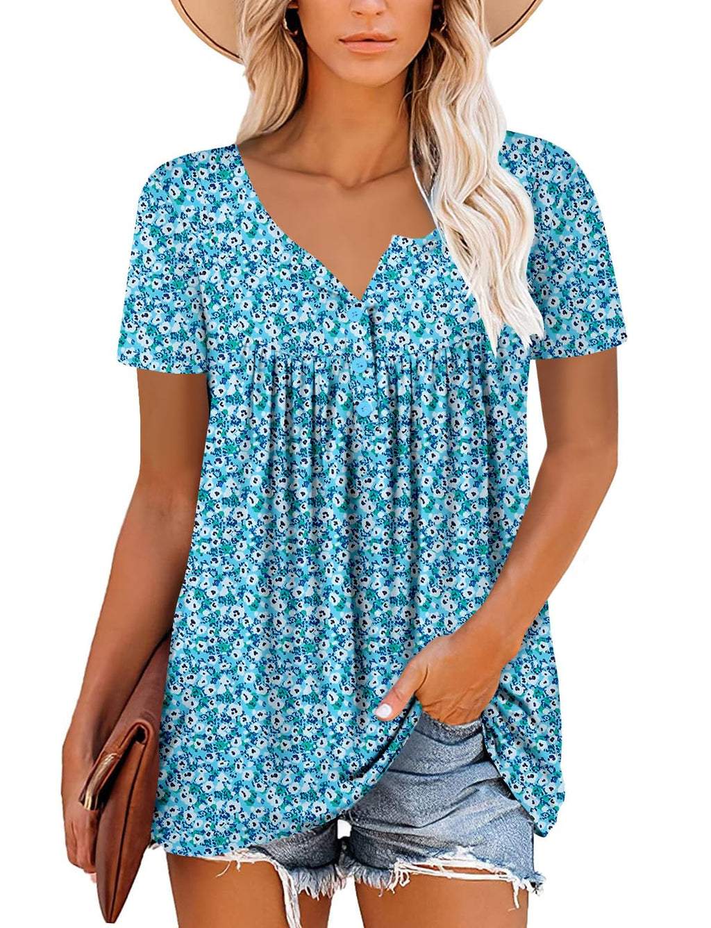 Mystry Zone Womens Henley V Neck Casual Blouse Button Down T Shirts Flare and Flowy Tops