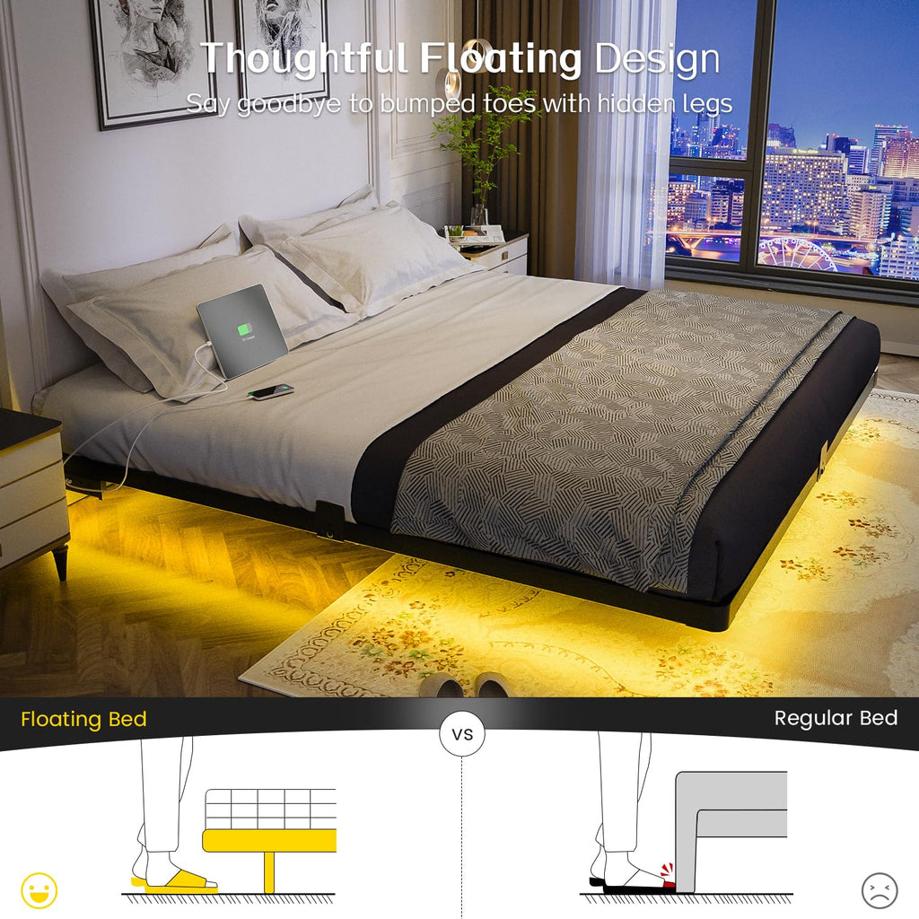 OLEVS Floating Bed Frame Full Size with Smart LED Lights and Charging Station - Modern Metal Platform Bed, Easy Assembly No Box Spring Needed