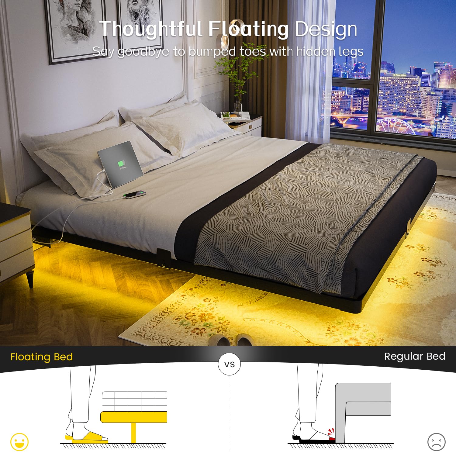 OLEVS Floating Bed Frame Full Size with Smart LED Lights and Charging Station - Modern Metal Platform Bed, Easy Assembly No Box Spring Needed