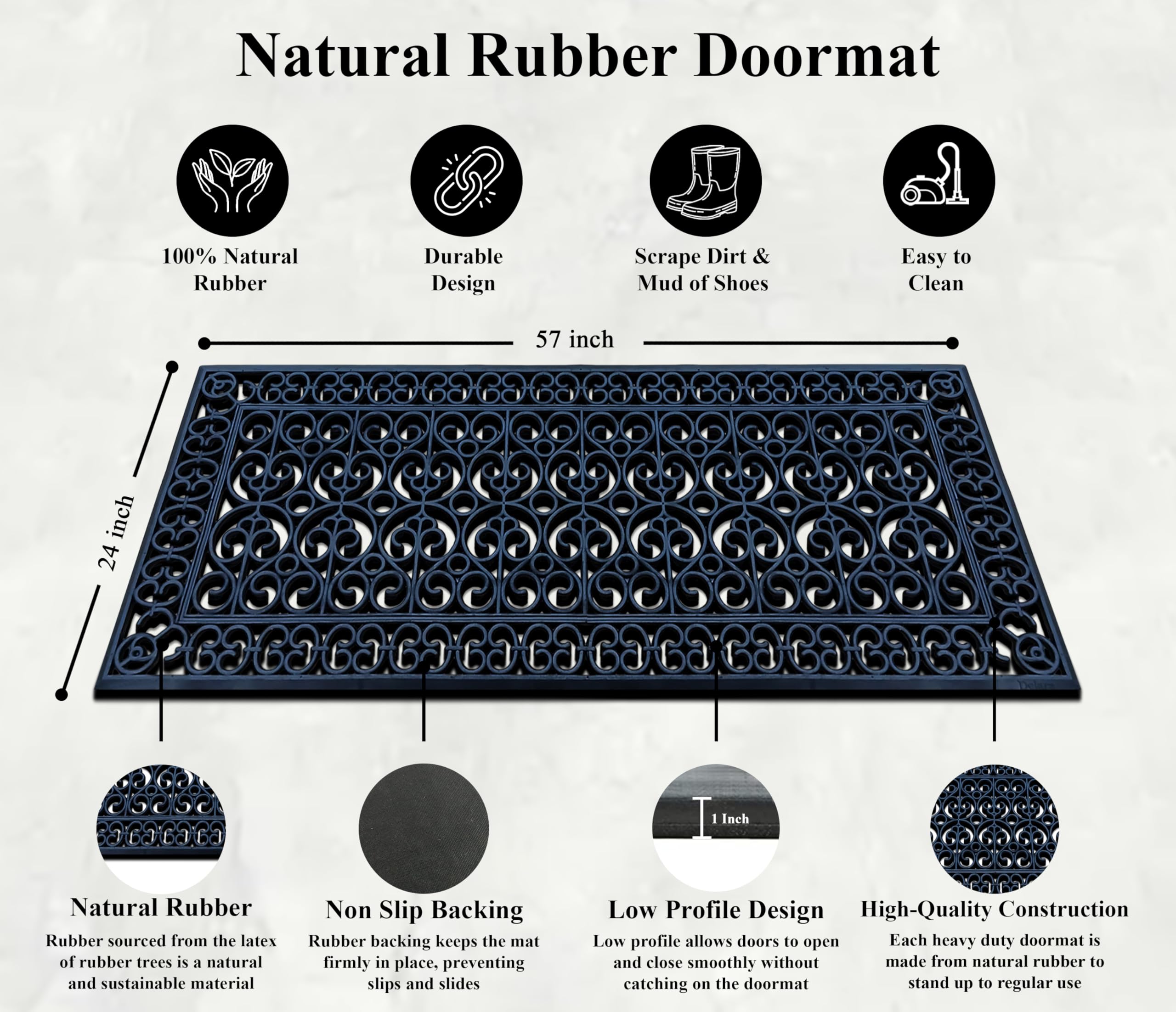 A1 Home Collections 19-LB Heavy Duty Rubber Doormat 24"×57" - Won't Blow Away | Outside Front Door Mat, Mud Dirt Scraper, Non-Slip Drainage Mat for Entryway Patio Garage, All-Weather, 100% Rubber Mats