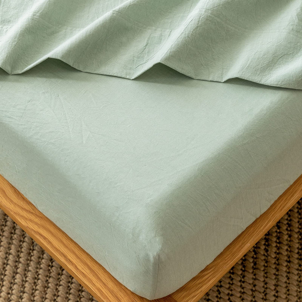 MooMee Fitted Bottom Sheet Only 100% Washed Cotton Linen Like Textured Breathable Durable Soft Comfy Deep Pocket Fits Mattress up to 17" (Almond Milk Grey, Twin)