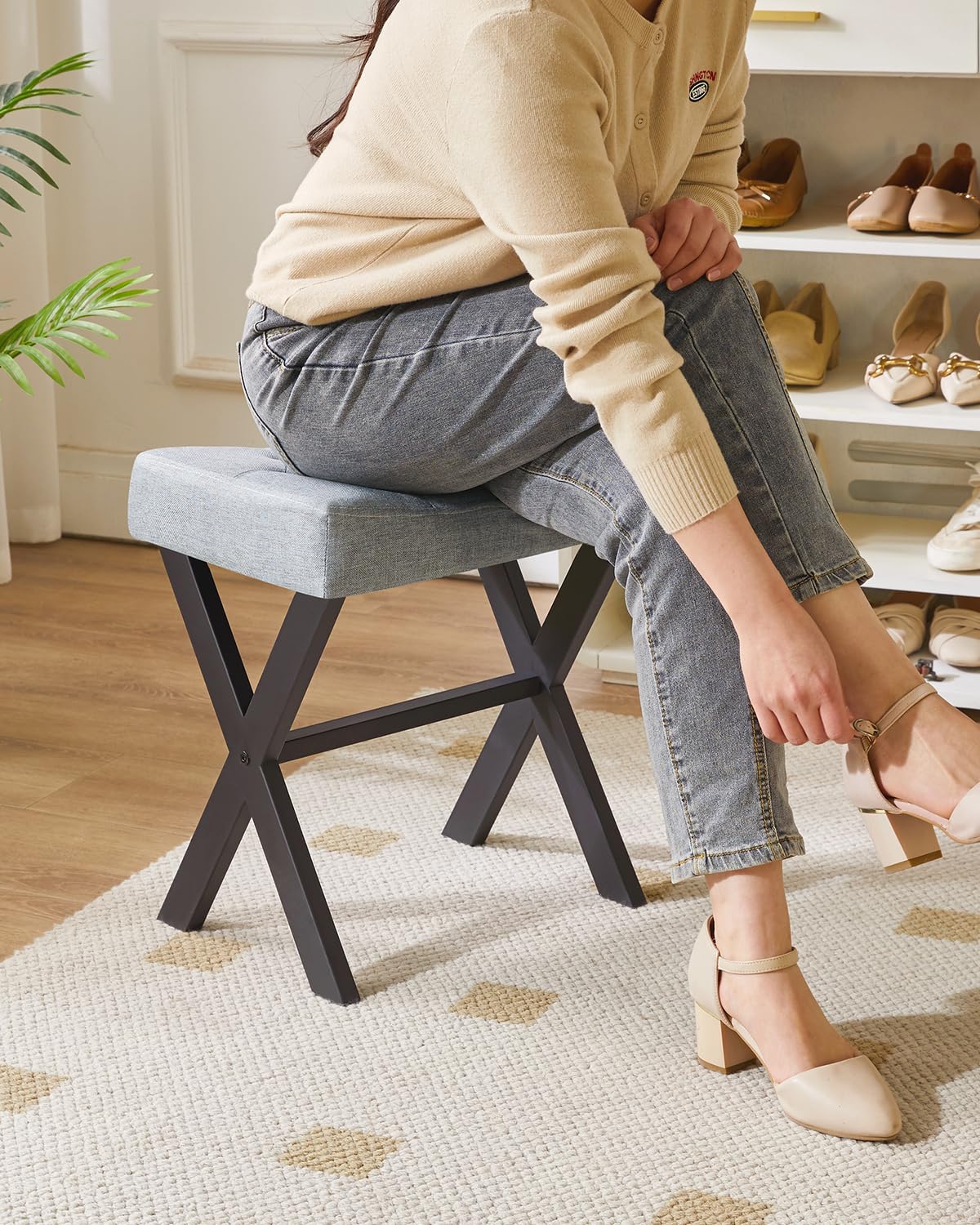 IBUYKE U-Shaped PU Vanity Stool, Square Makeup Chair with X-Leg, Ottoman Seat Footrest Stool, Multi-Use as Small Side Table, for Bedroom, Living Room, Black WBD019B