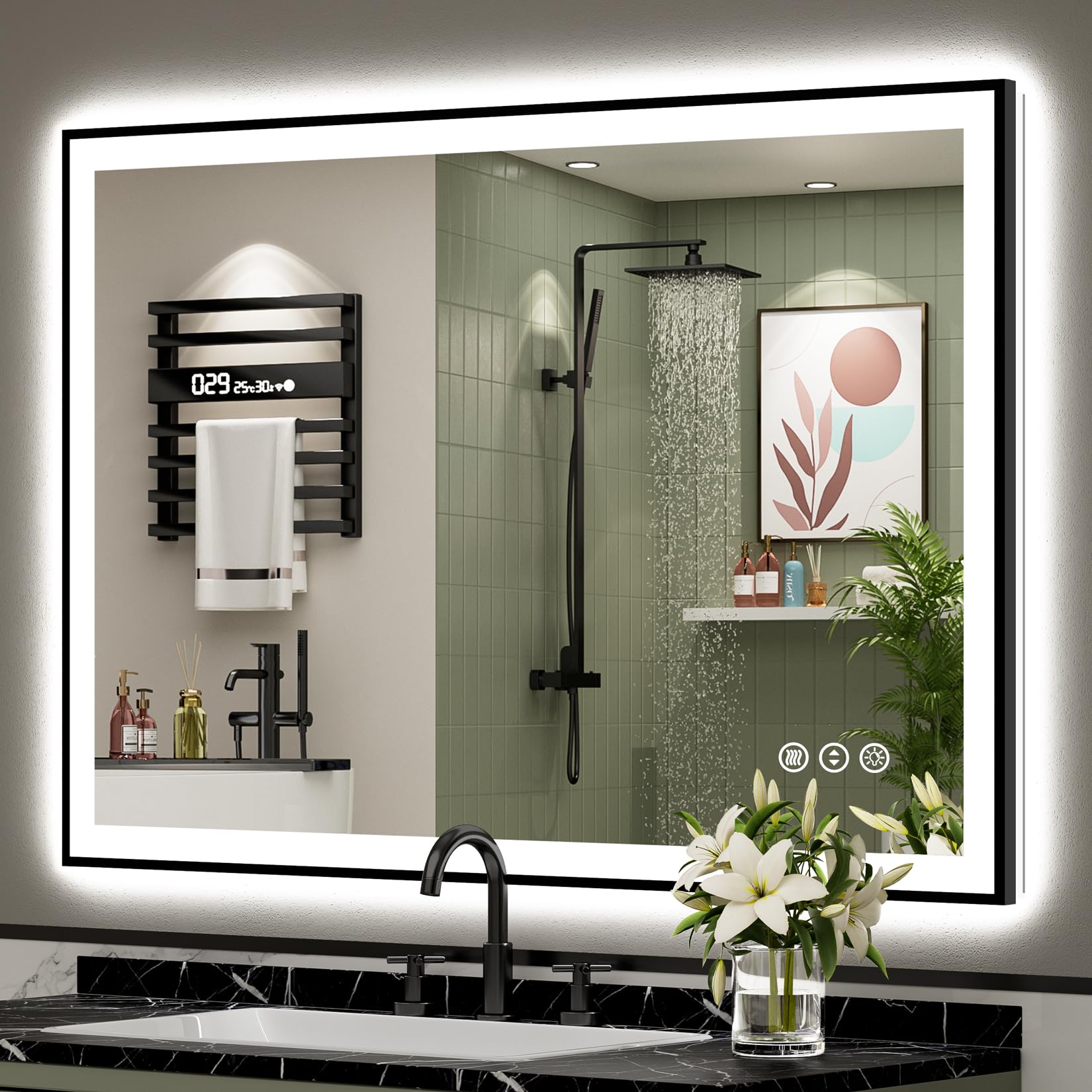 24x32 Black Framed LED Bathroom Mirror with Lights, Backlit and Front Lit Anti-Fog Lighted Vanity Mirrors for Bathroom Wall, Dimmable, 3 Colors, Memory, HD Tempered Glass, Horizontal/Vertical
