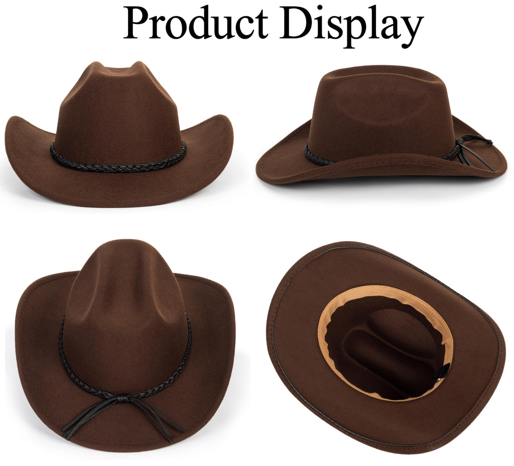 Vintage Western Cowboy Hat for Men Women - Wide Brim Cowgirl Fedora Hats with Braided Rope Band M