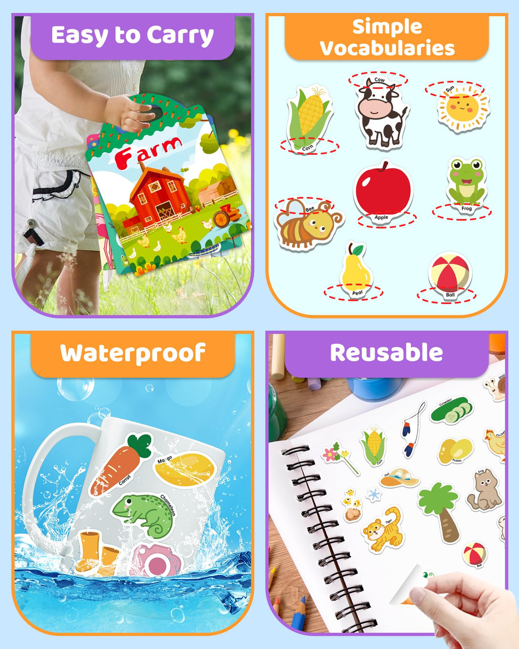 Benresive Reusable Sticker Book for Toddlers, Stickers for Kids, Travel Toys for Arts & Crafts Activities, Birthday Gift for Boys & Girls, Animals Dinosaurs Insects Themes