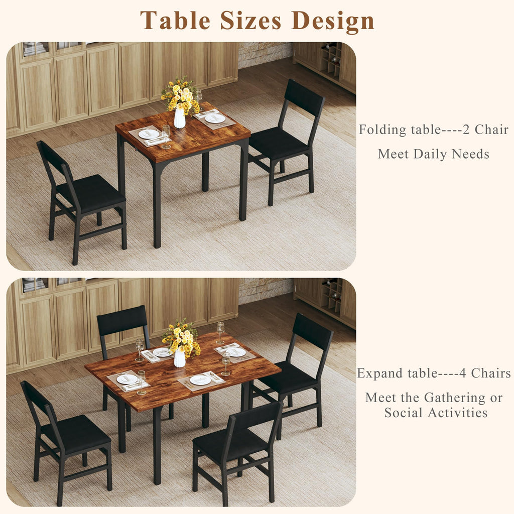 HUAHUU Dining Table Set for 4, Extendable Kitchen Table Cushion Chairs Set of 4, Rectangle Dining Table with Metal Frame & MDF Board, Folding for Small Apartment Saving Space, Black