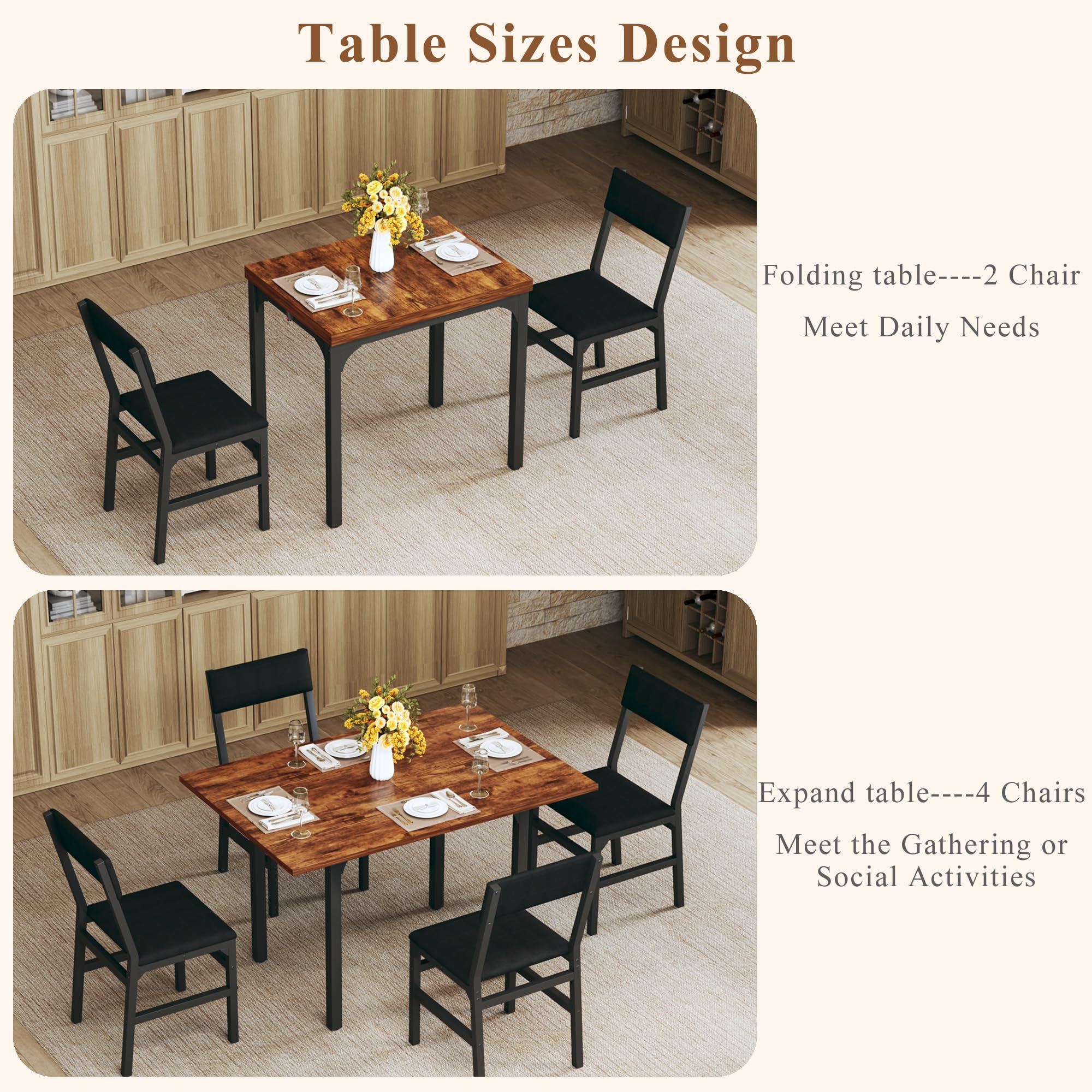 HUAHUU Dining Table Set for 4, Extendable Kitchen Table Cushion Chairs Set of 4, Rectangle Dining Table with Metal Frame & MDF Board, Folding for Small Apartment Saving Space, Black