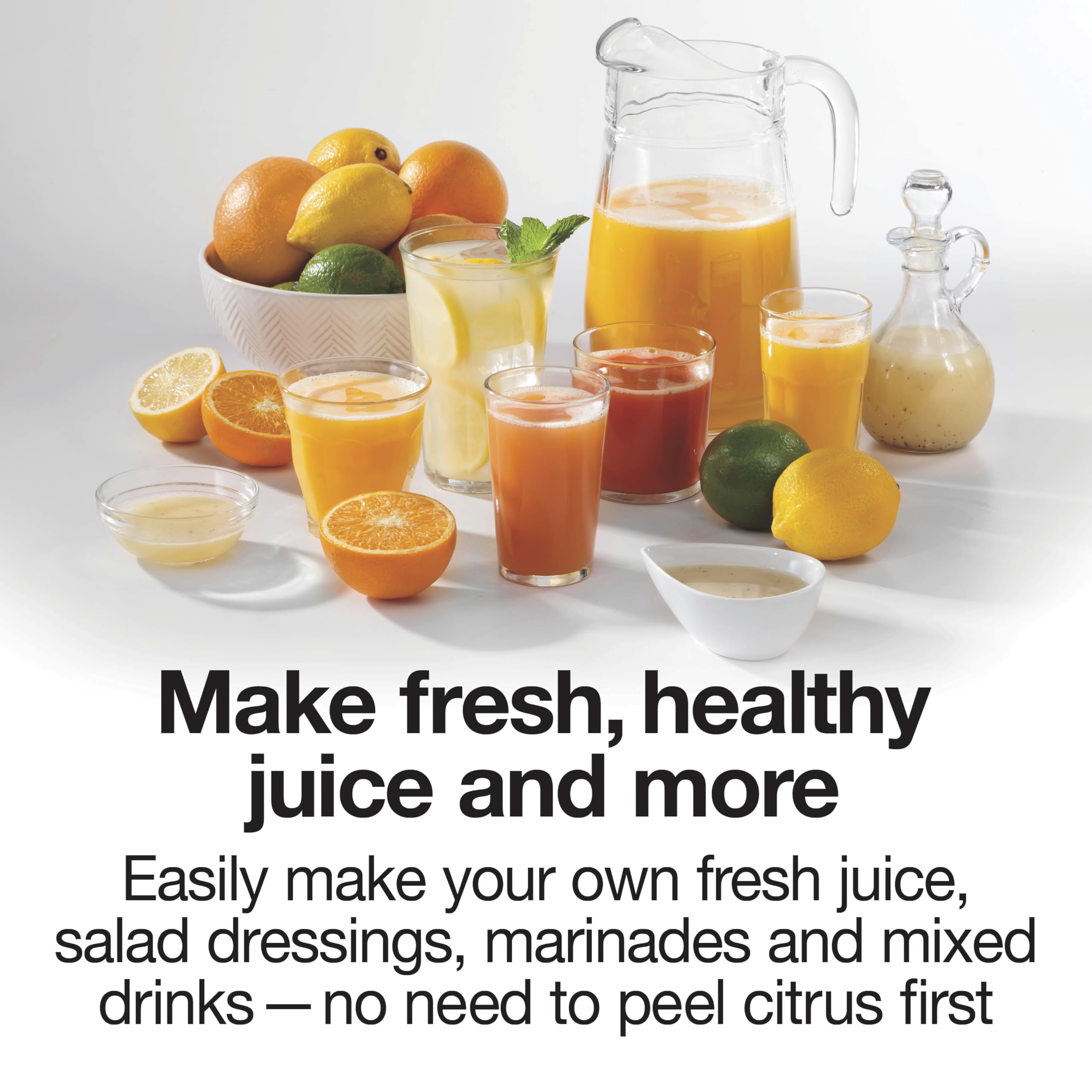 Proctor Silex Electric Citrus Juicer Machine, Large 34 oz. Pitcher, Pressure Activated, 2 Reamers for Big and Small Fruit, Pulp Control, for Orange, Lemon, Grapefruit Juice, White & Green (66340)