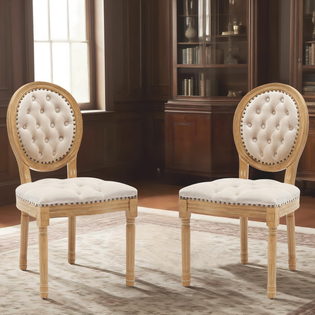 SoarFlash Linen French Dining Chairs Set of 2, Vantage Dining Chair with Round Back, Wood Leg Farmhouse Country Dining Chair for Living Room,Kitchen,Bedroom,Beige