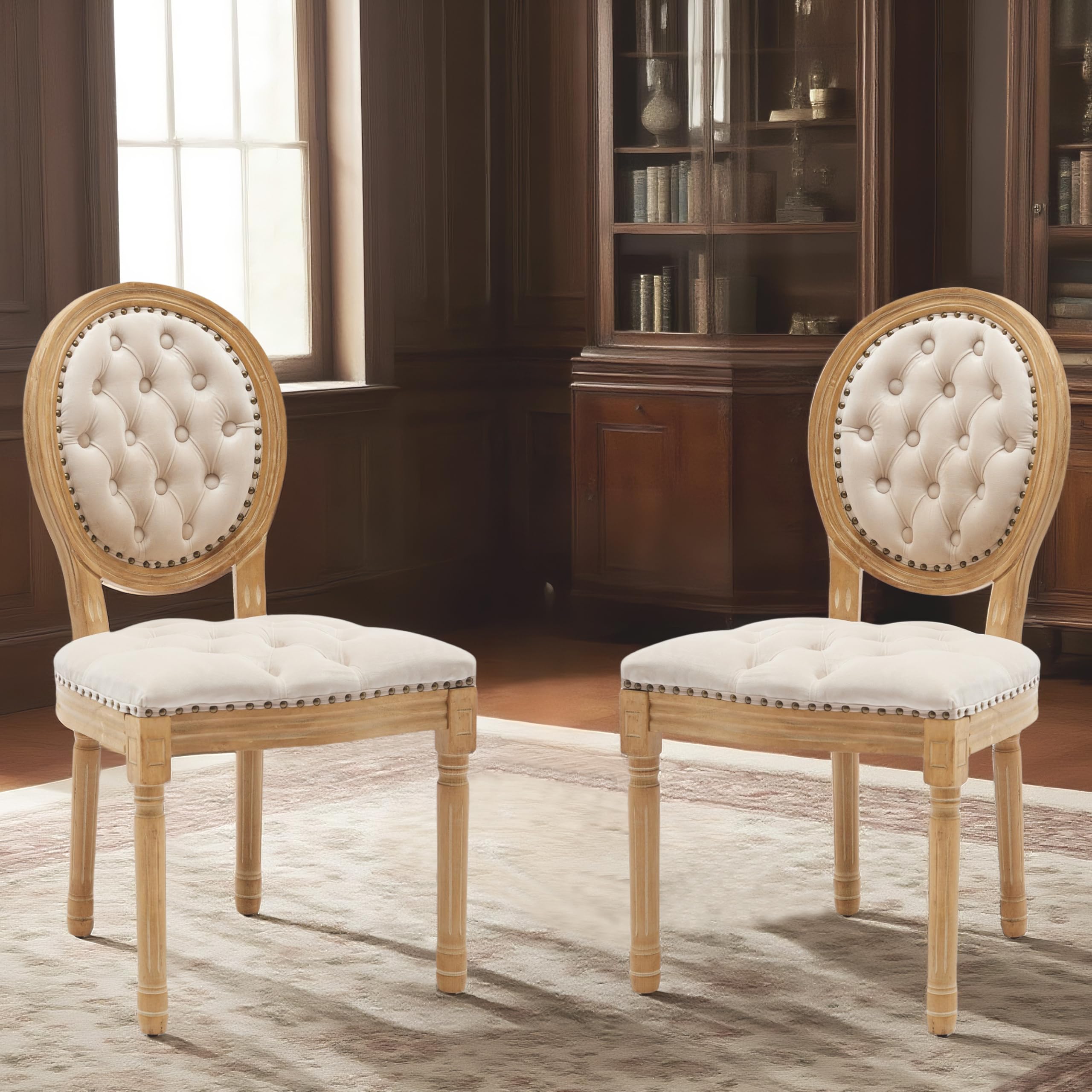 SoarFlash Linen French Dining Chairs Set of 2, Vantage Dining Chair with Round Back, Wood Leg Farmhouse Country Dining Chair for Living Room,Kitchen,Bedroom,Beige
