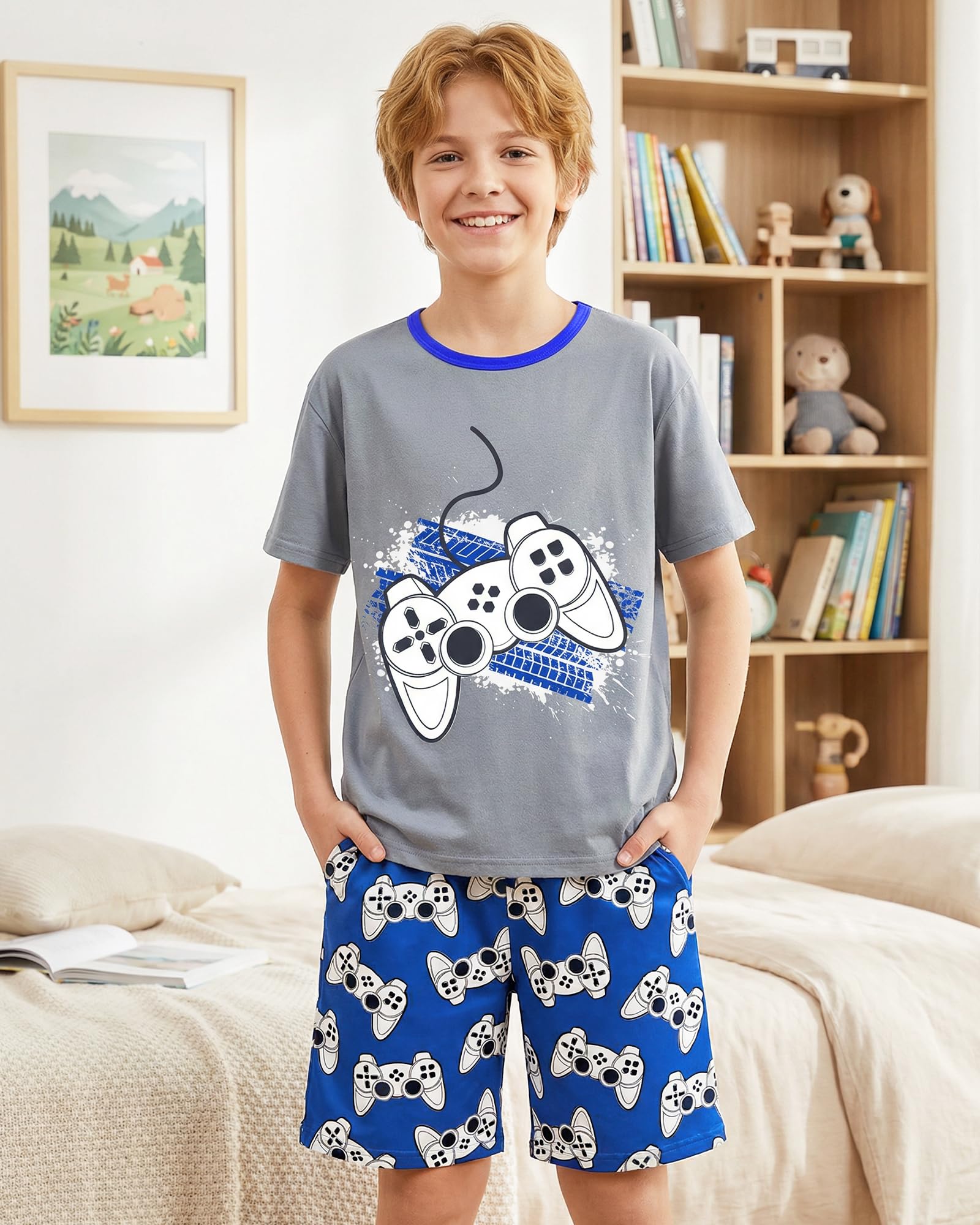 Fiodrimy Boys Pajamas Big Boys Summer PJs Set 2 Piece Kid Short Sleeve Sleepwear Nightwear Size 8-14