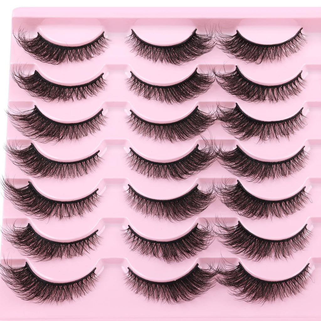 False Lashes Natural Look Wispy Eyelashes Manga Korean Spiky 16mm Short Faux Mink Eyelashes Cat Eye Natural Fake Eyelashes Strip Lashes Pack 14 Pairs