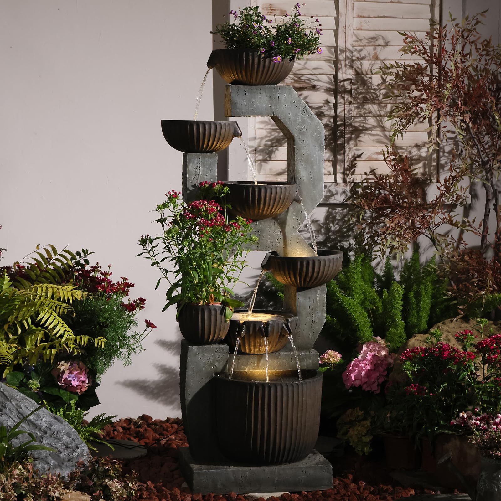 Bumilgar 2-Tier Bowl Water Fountain with LED Lights, 27.95" Tall Freestanding Outdoor & Indoor Garden Waterfall Fountain for Yard, Patio, Backyard, Floor Standing Home Decor